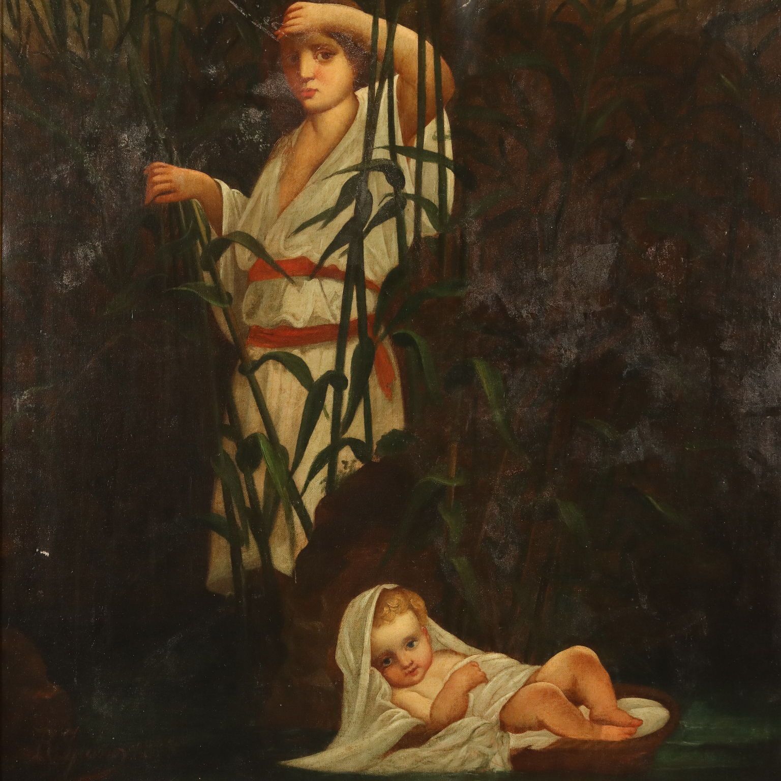 Antique Painting Moses Entrusted To The Waters Of The Nile XX Century photo for sale
