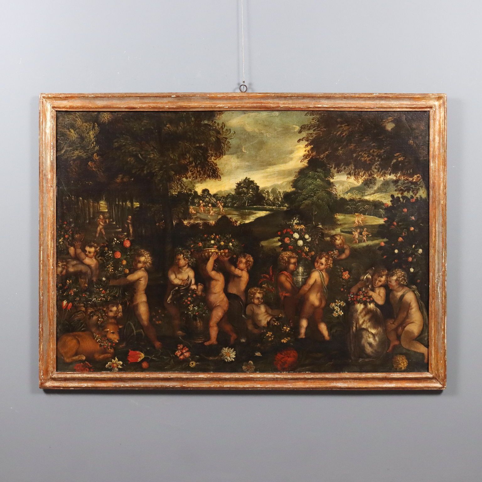 Antique Painting Cupids Feast Oil On Canvas XVII XVIII Century