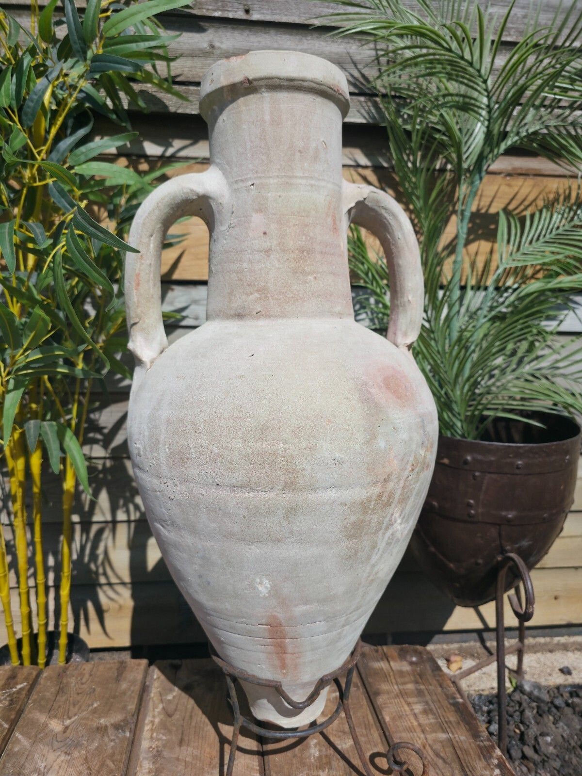 Large Rustic Mediterranean Terracotta Greek Roman Amphora Urn On Stand photo vinterior