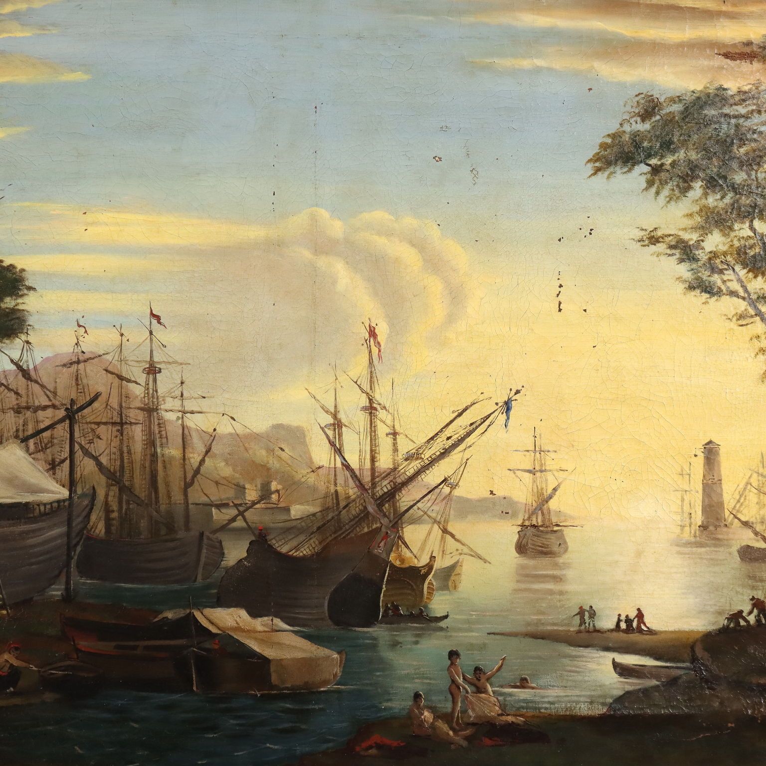 Tableau d'époque, vue depuis le port, huile sur toile, XVIIIe siècle photo for sale