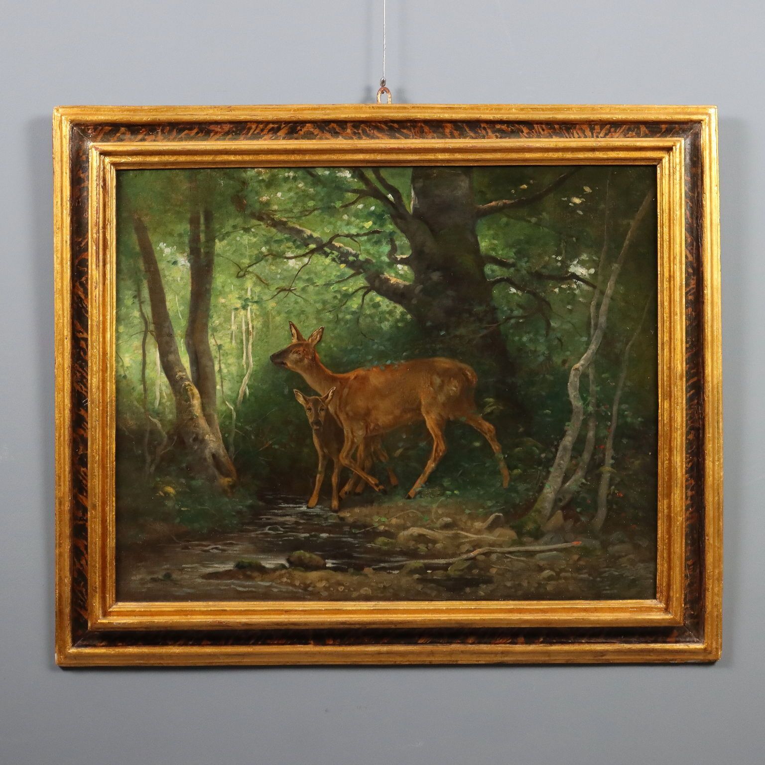 Antique Painting Deer In The Woods Oil On Canvas France XIX Century