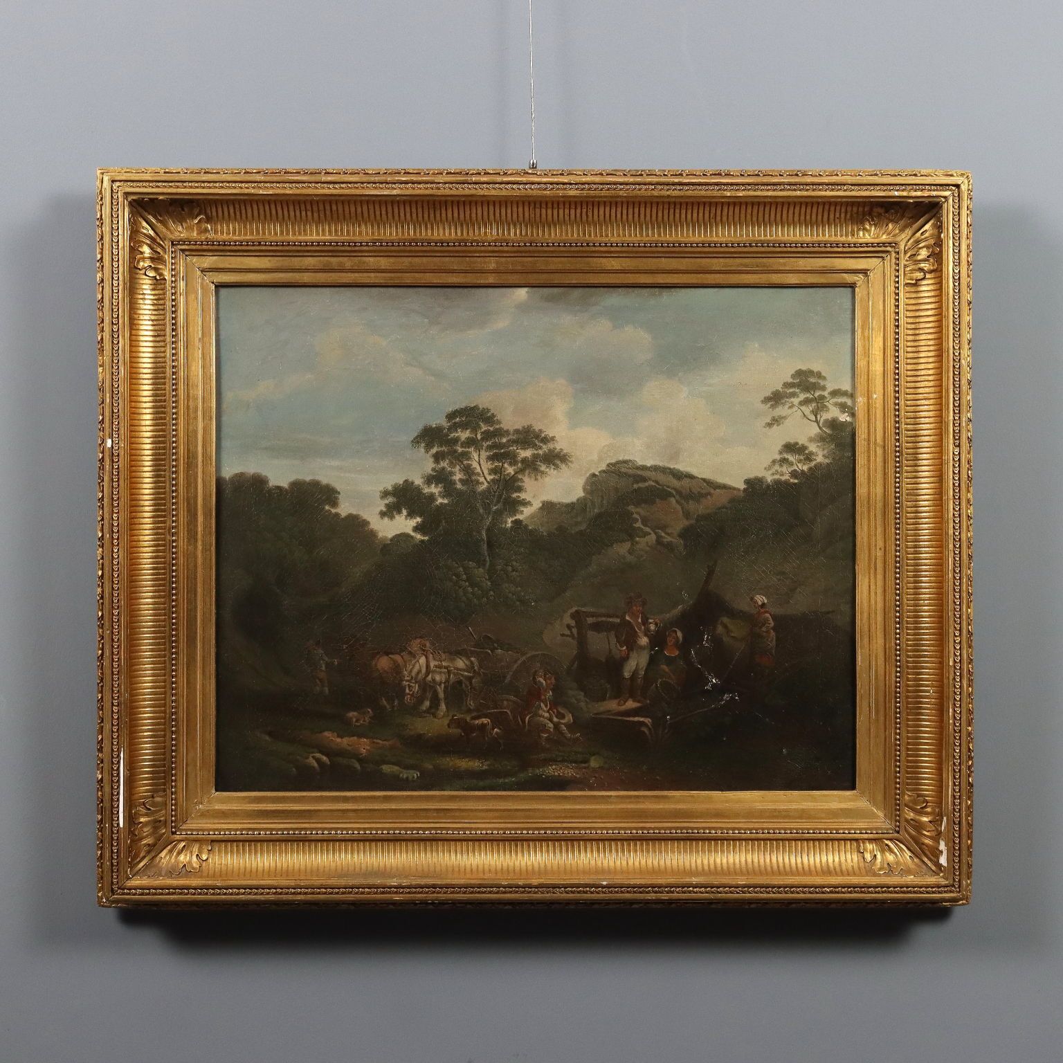 Antique Painting Landscape With Farmers Oil On Canvas Europe '800