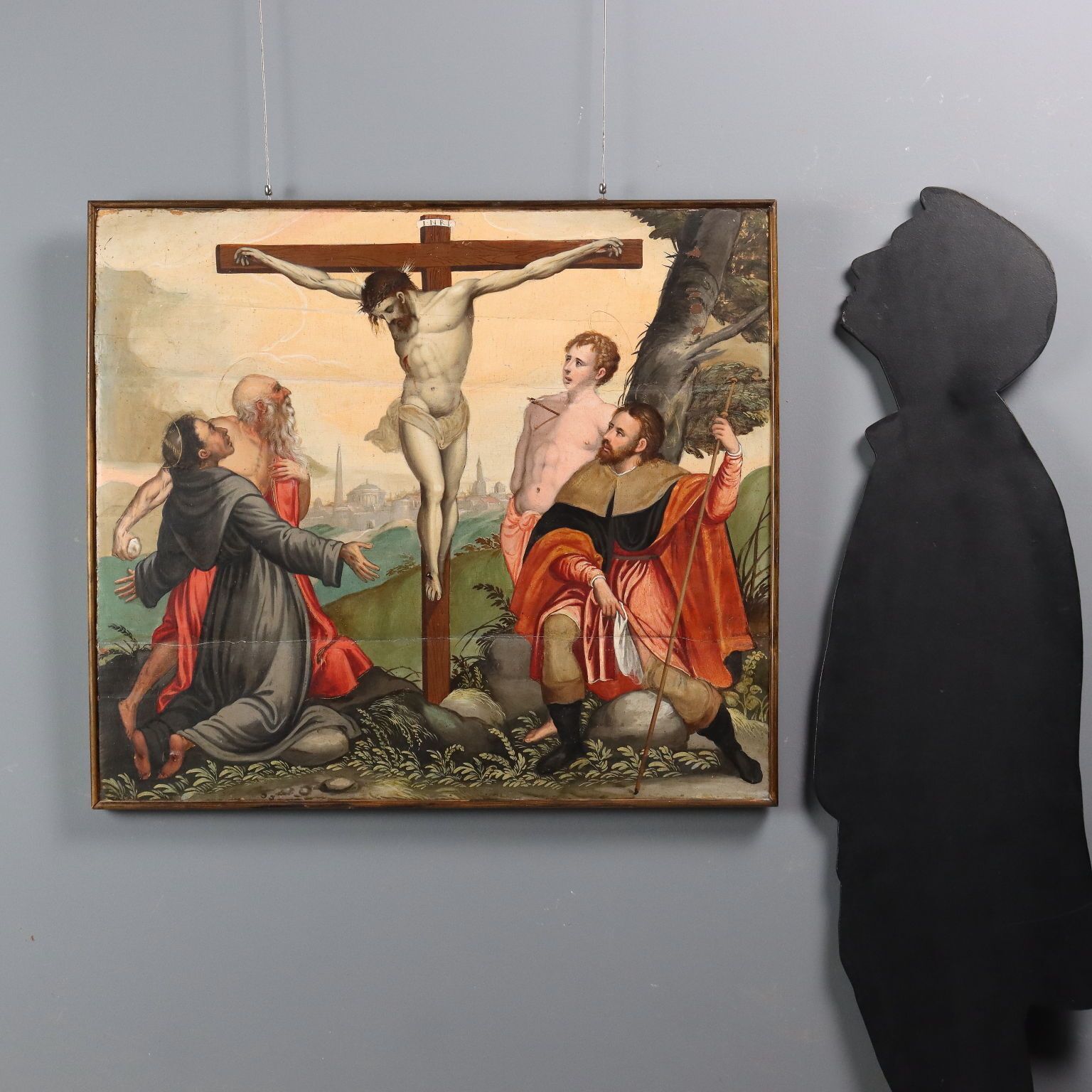 Antique Painting Christ Crucified With Saints Oil On Hardboard '500 photo furniture