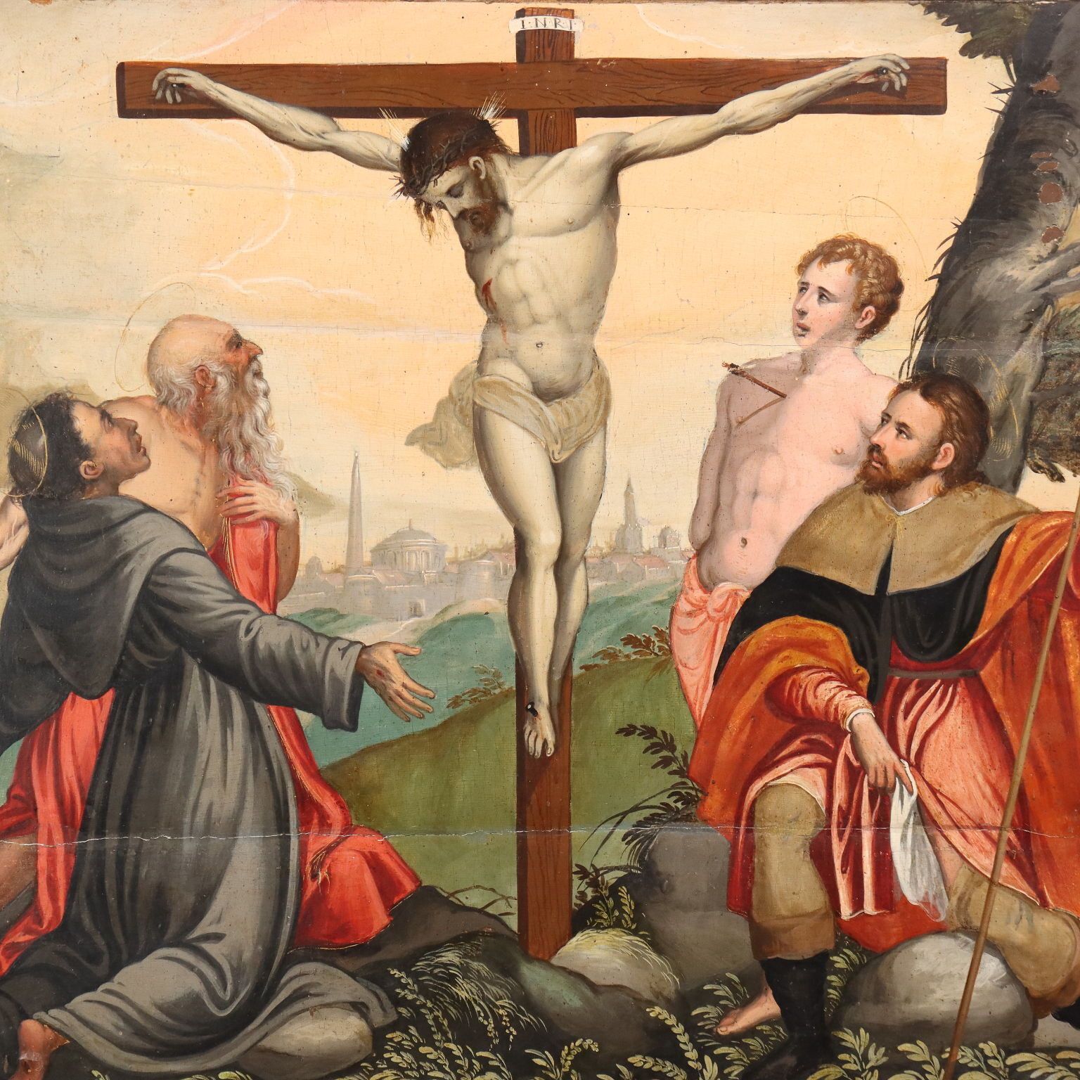 Tableau d'époque, Christ en croix avec saints, huile sur panneau, XVIe siècle photo for sale