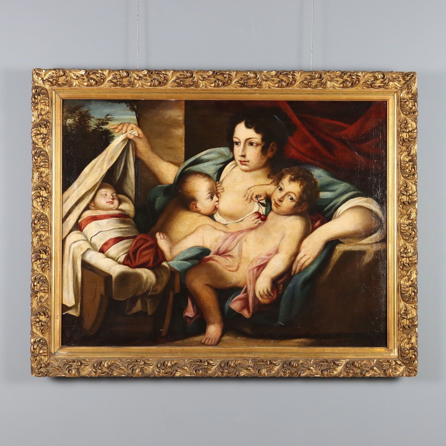 Antiek schilderij, allegorie van de Naastenliefde, volgeling van Carlo Cignani, 17e eeuw