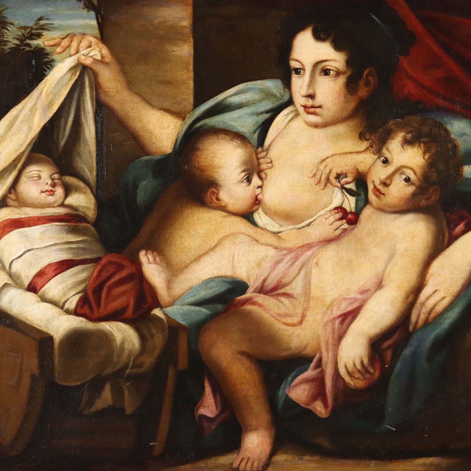 Tableau d'époque, Allégorie de la Charité, disciple de Carlo Cignani, XVIIe siècle photo for sale