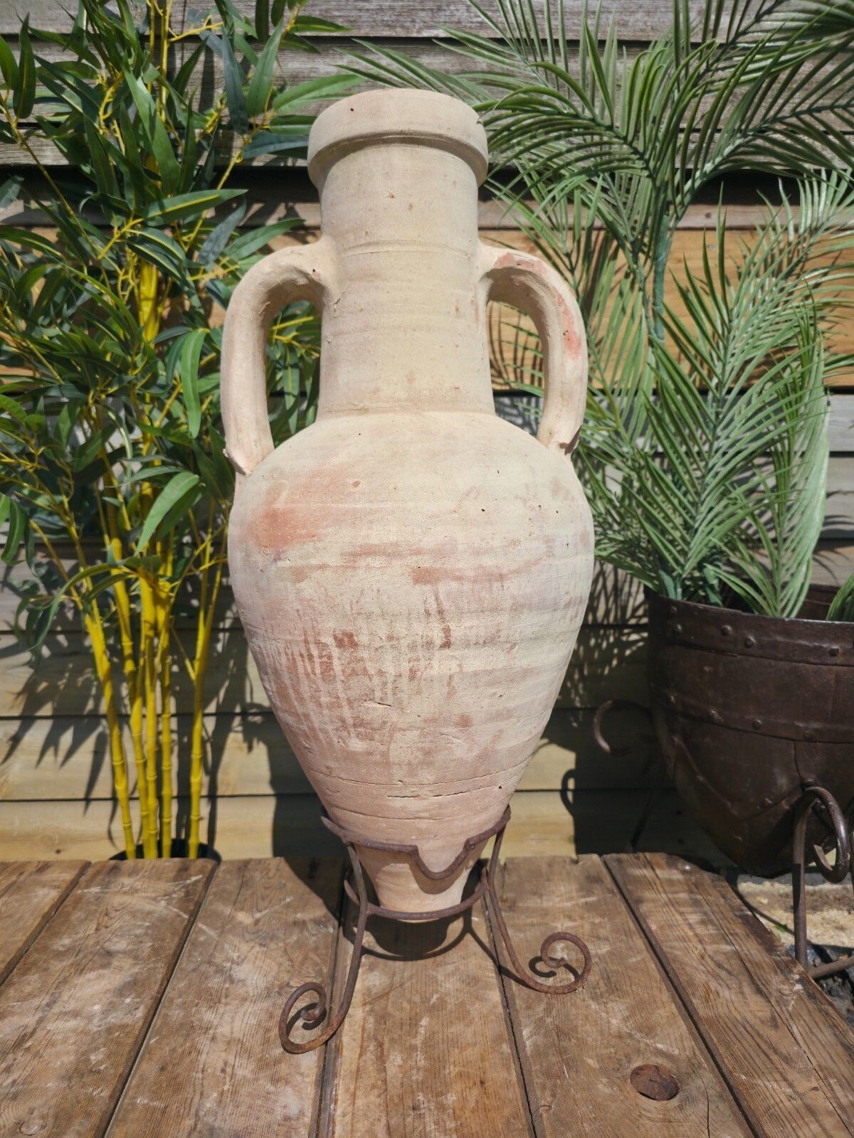Large Rustic Mediterranean Terracotta Greek Roman Amphora Urn On Stand photo furniture