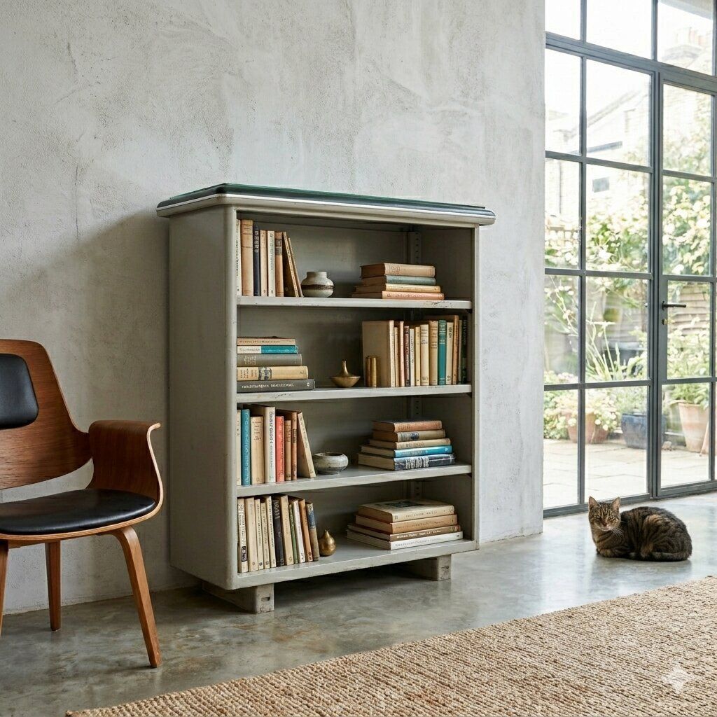Vintage Bookcase Enamelled Metal Glass Leatherette Design 1960s photo furniture