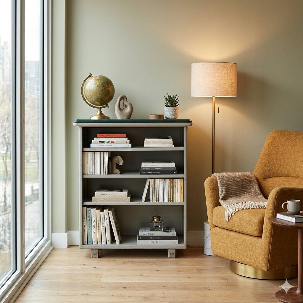 Vintage Small Bookcase Metal Leatherette Glass Design 1960s photo furniture