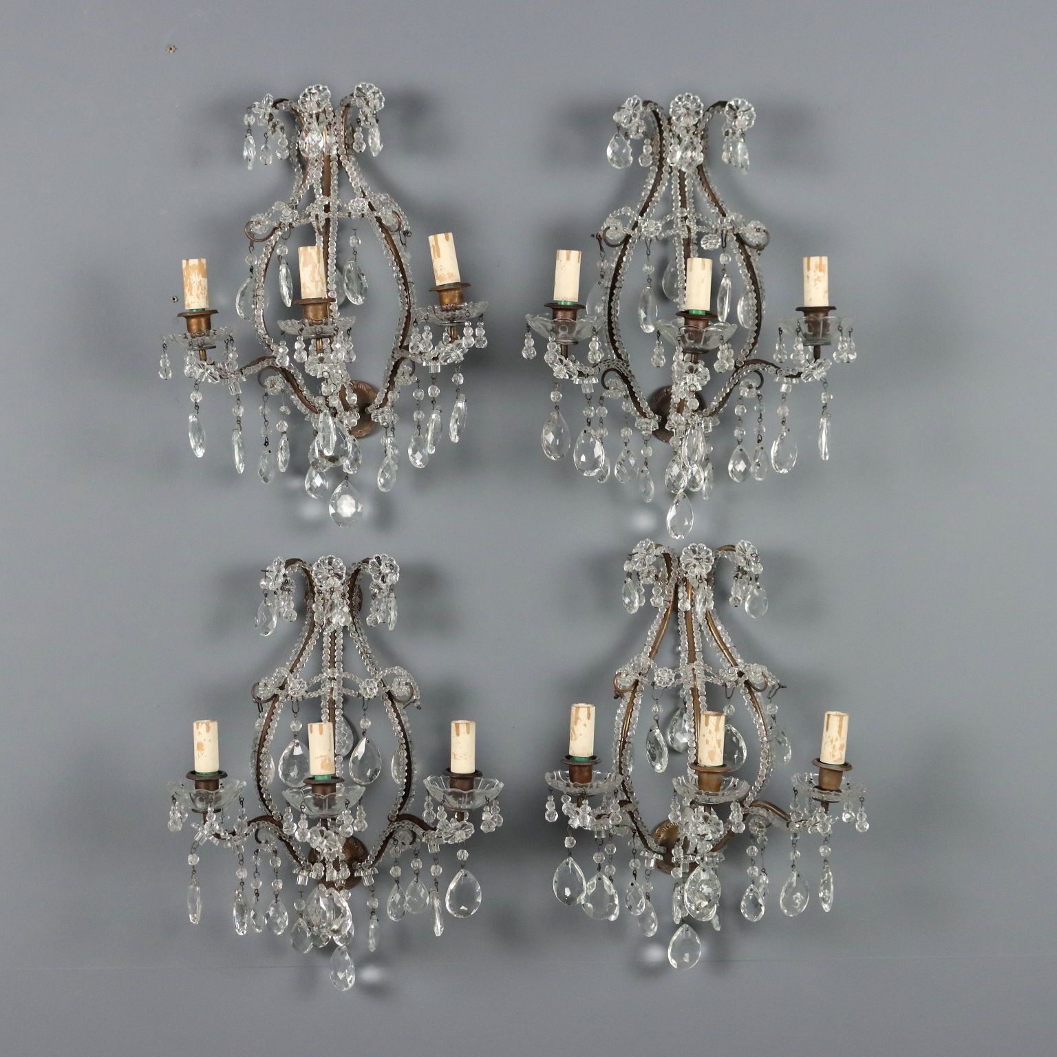 Antique Wall Lamps Burnished Metal Glass Italy XX Century