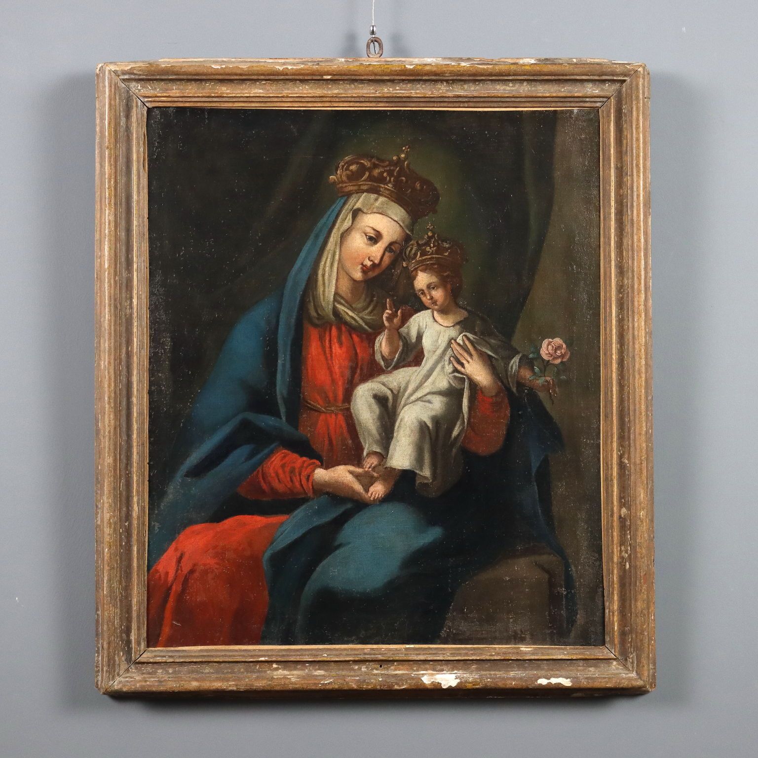 Antique Painting Virgin Mary And Child Oil On Canvas XVII Century
