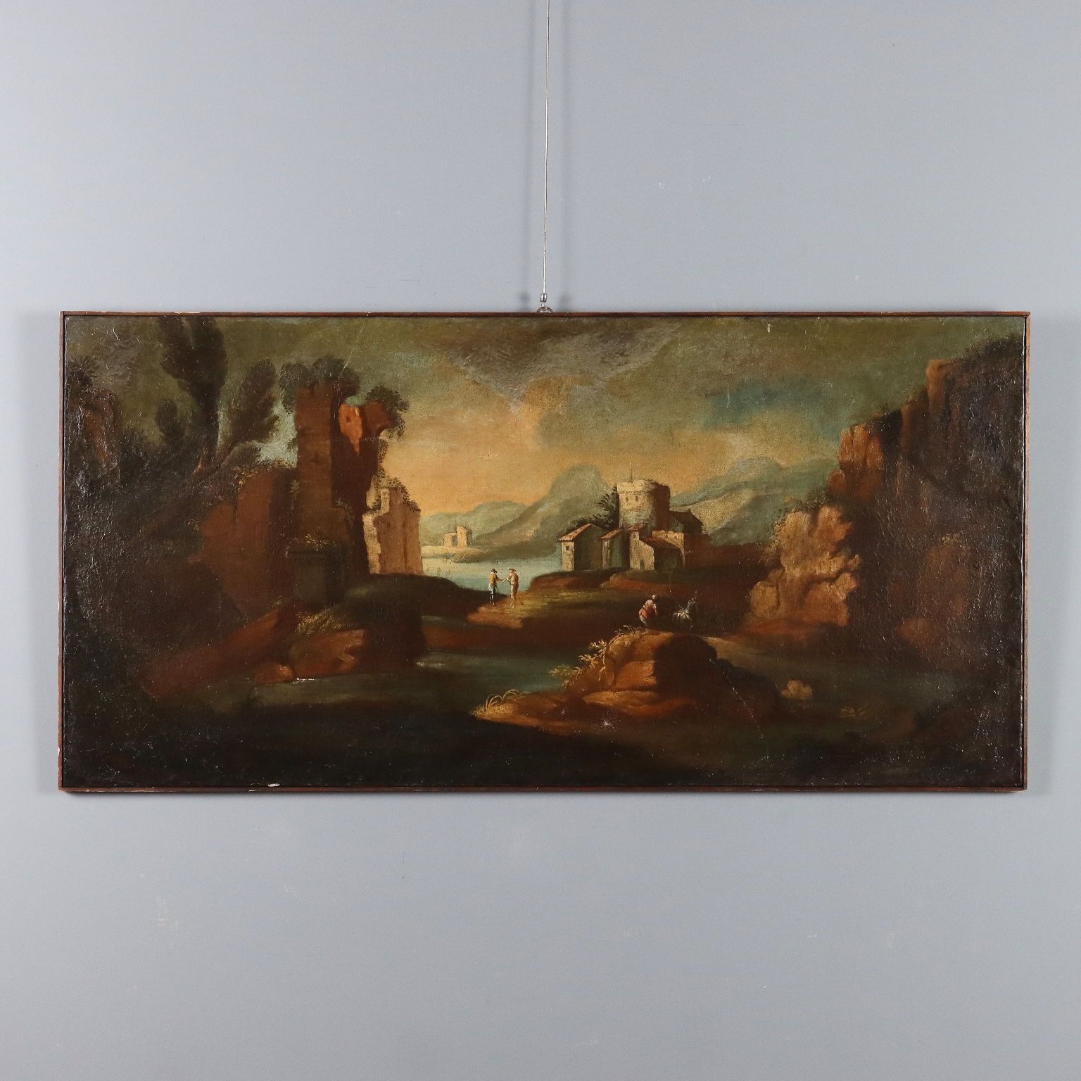 Antiek schilderij, landschap met figuren, olieverf op doek, 18e eeuw