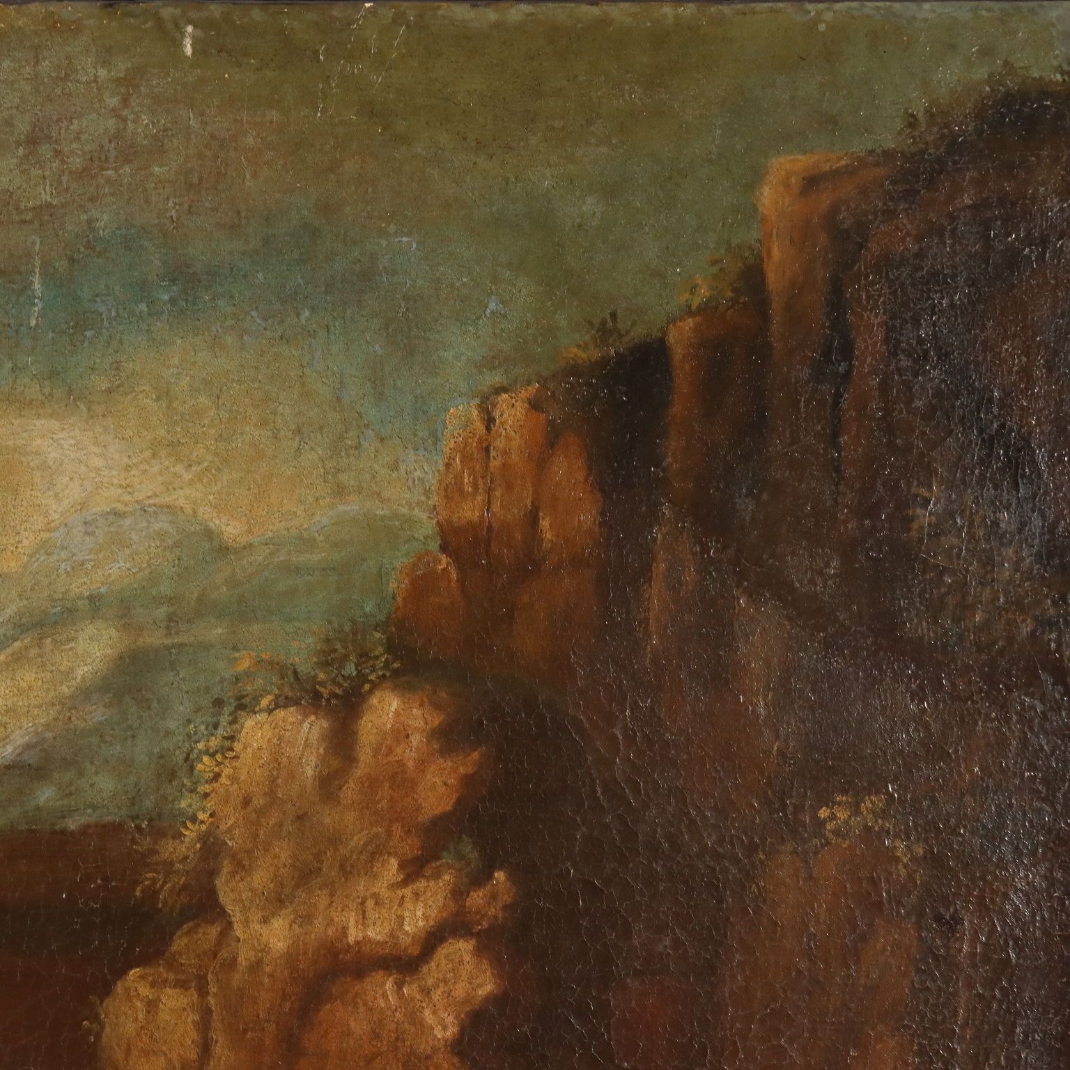 Antiek schilderij, landschap met figuren, olieverf op doek, 18e eeuw photo vintage
