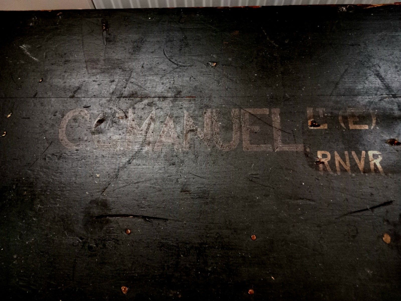 Vintage Black Wooden Trunk Labelled C.G. Manuel Rnvr 1930s/40s photo Furniture