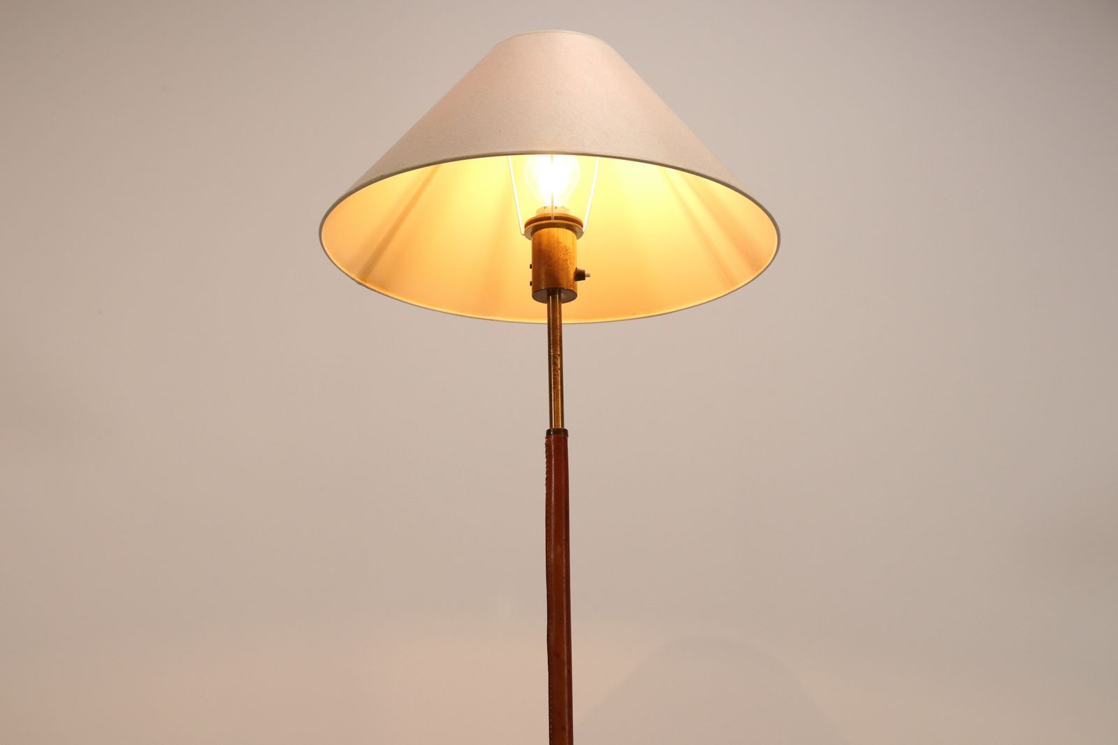 Paavo Tynell Style Floor Lamp In Brass And Leather With Linen Shade photo Lighting