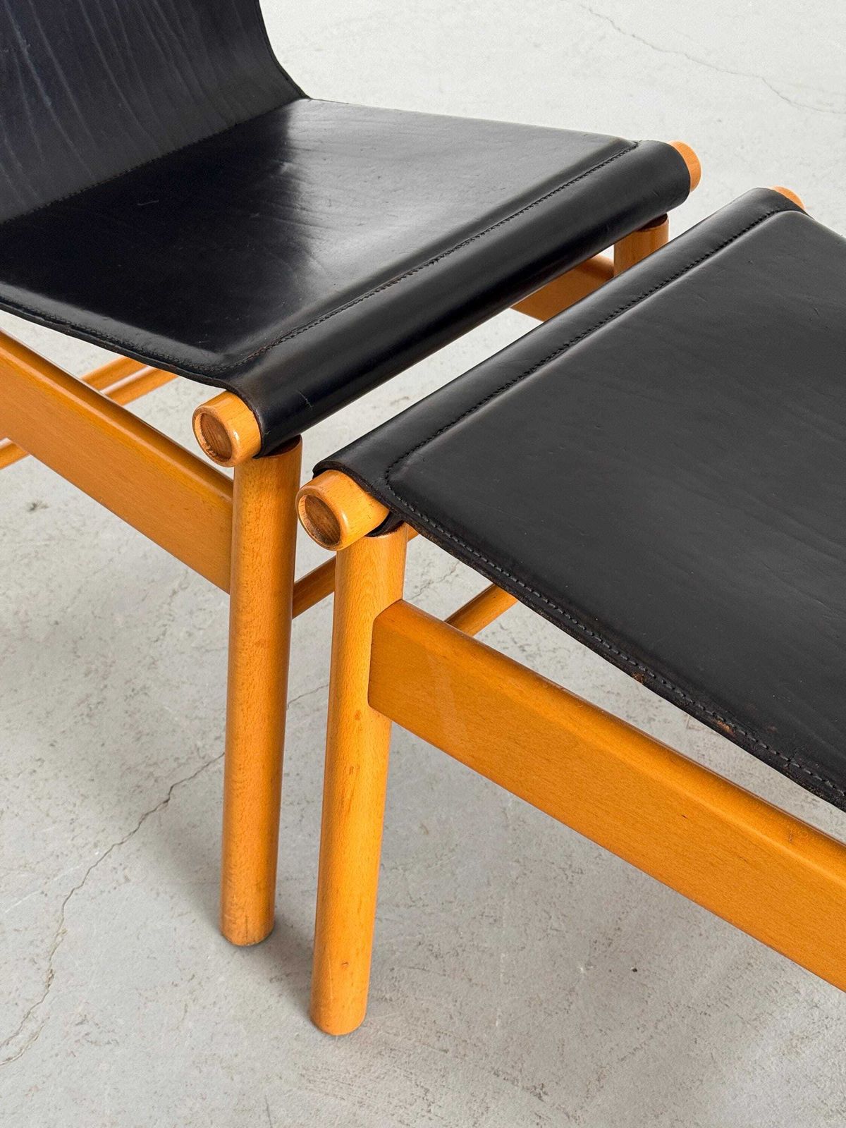 photo for sale Pair Of Italian Sculptural Mid Century Modern Dining Chairs, Black Leather And Wood, Italy 1970s