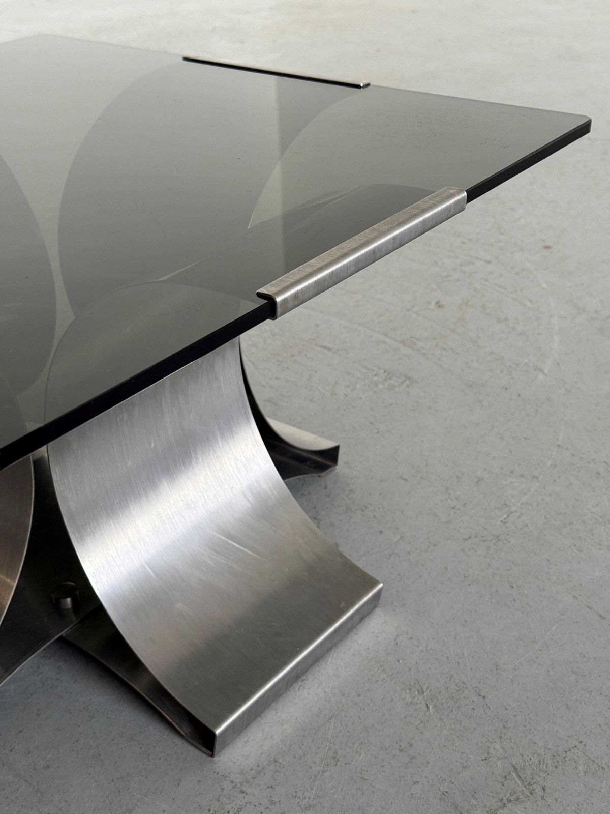 Vintage Coffee Table By Francois Monnet For Kappa, Curved Brushed Steel And Glass, 1970s France photo vintage
