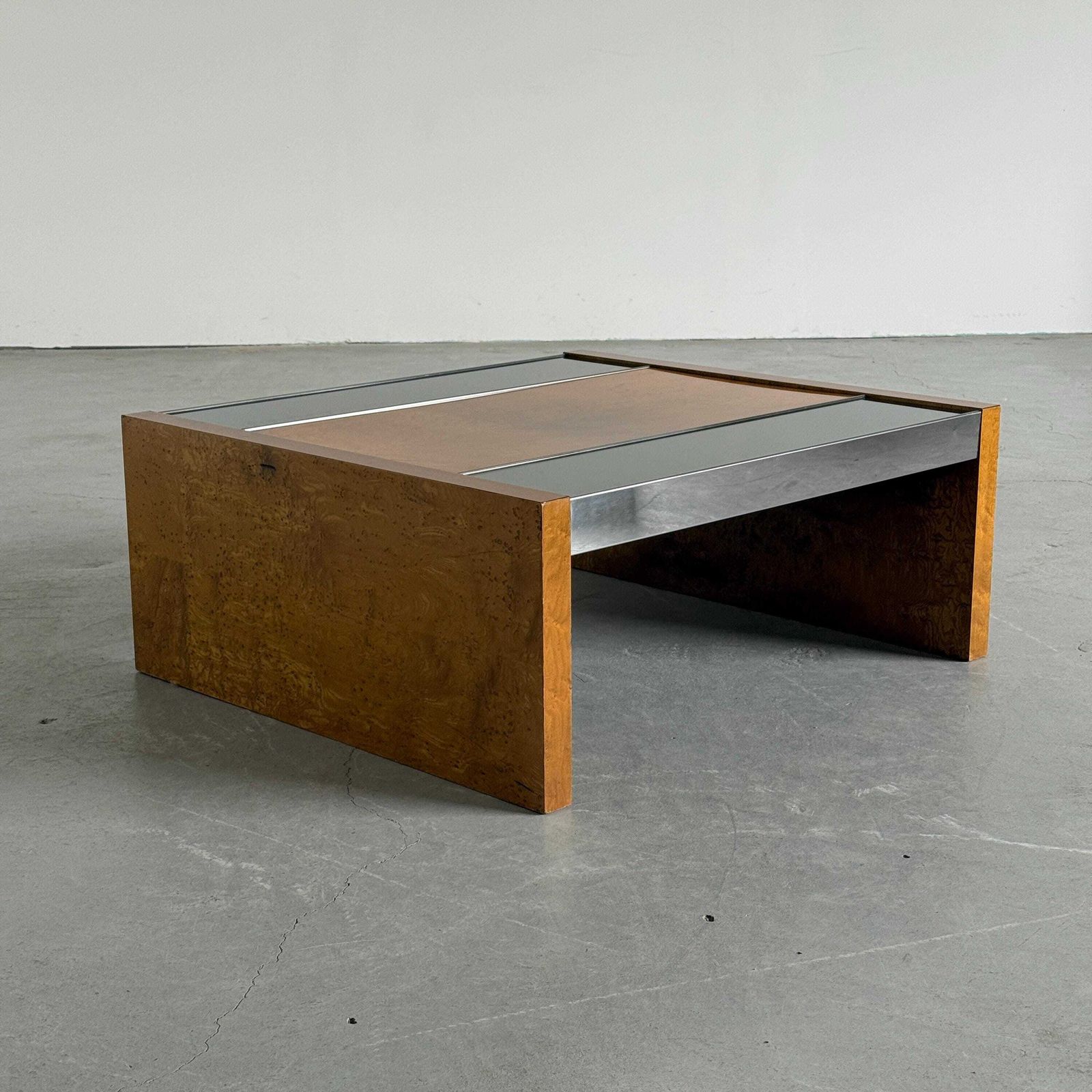 Italian Modernist Burlwood Mirrored Coffee Table, 1970s photo furniture