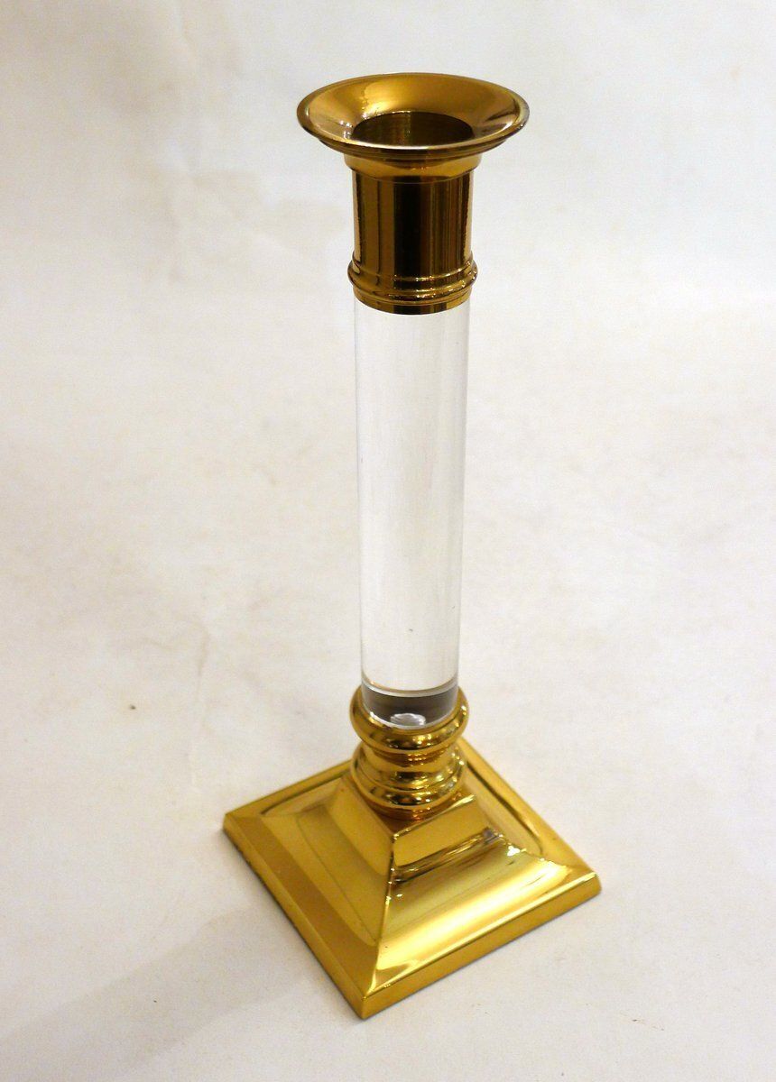 Vintage Column Candleholder In Gilded Brass And Transparent Acrylic Glass, 1970s photo 65.0
