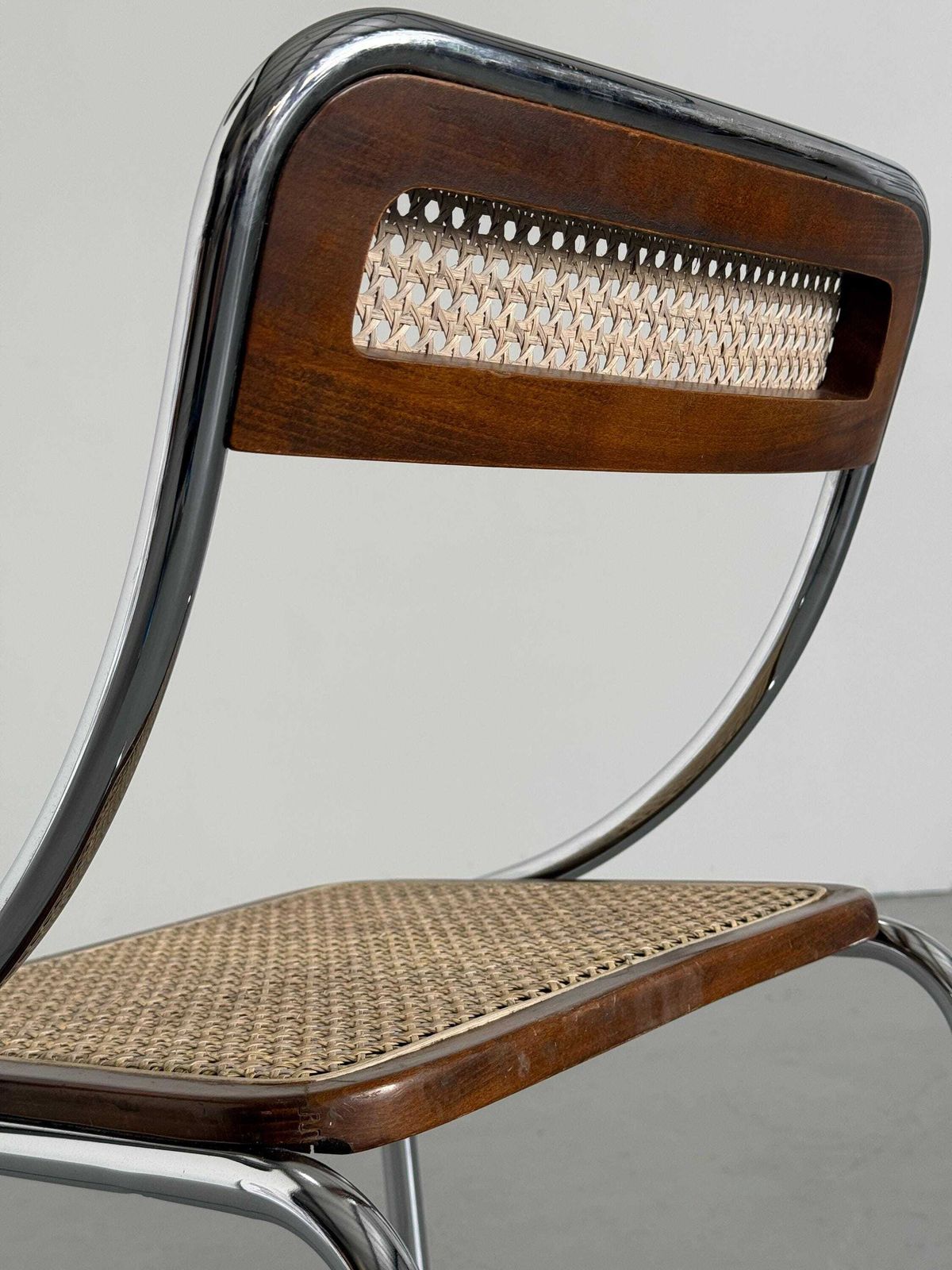 Dining Chair In Wood, Wickered Cane And Chrome, Mid Century Modern, 1970s Italy photo vintage