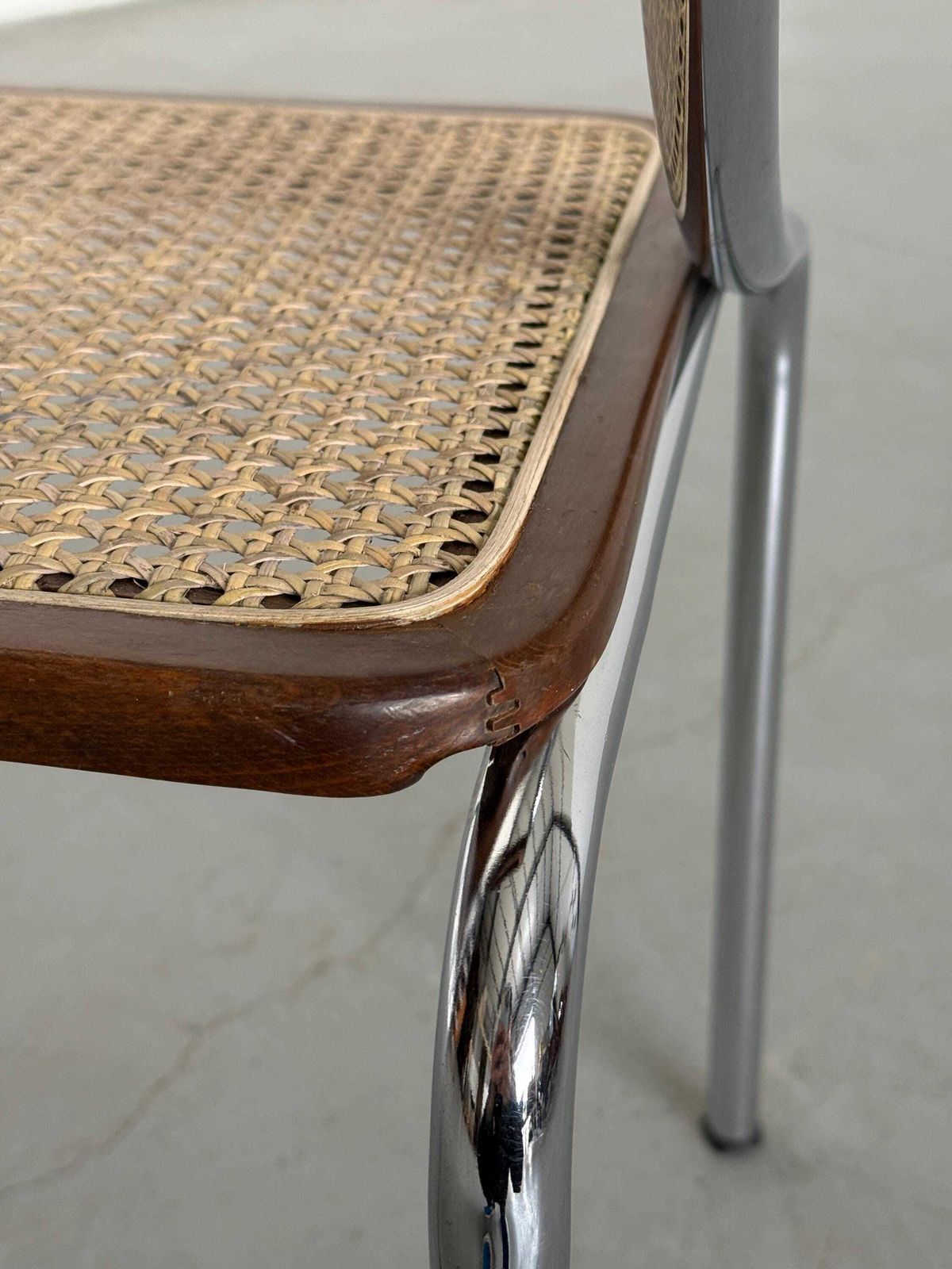 photo furniture Dining Chair In Wood, Wickered Cane And Chrome, Mid Century Modern, 1970s Italy