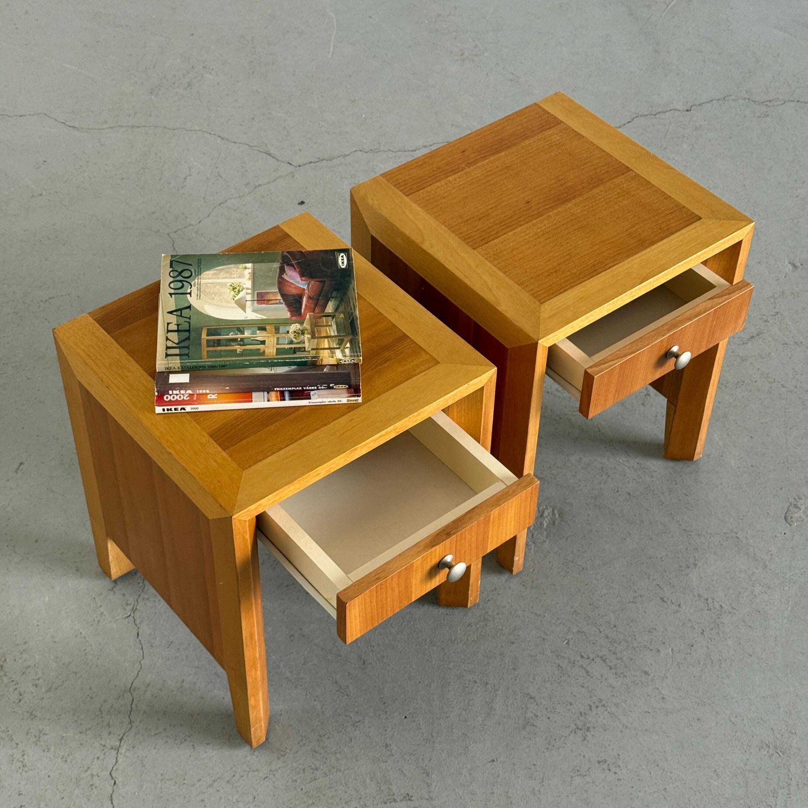 Pair Of Modernist Geometric Wood Bedside Tables, 1980s photo for sale