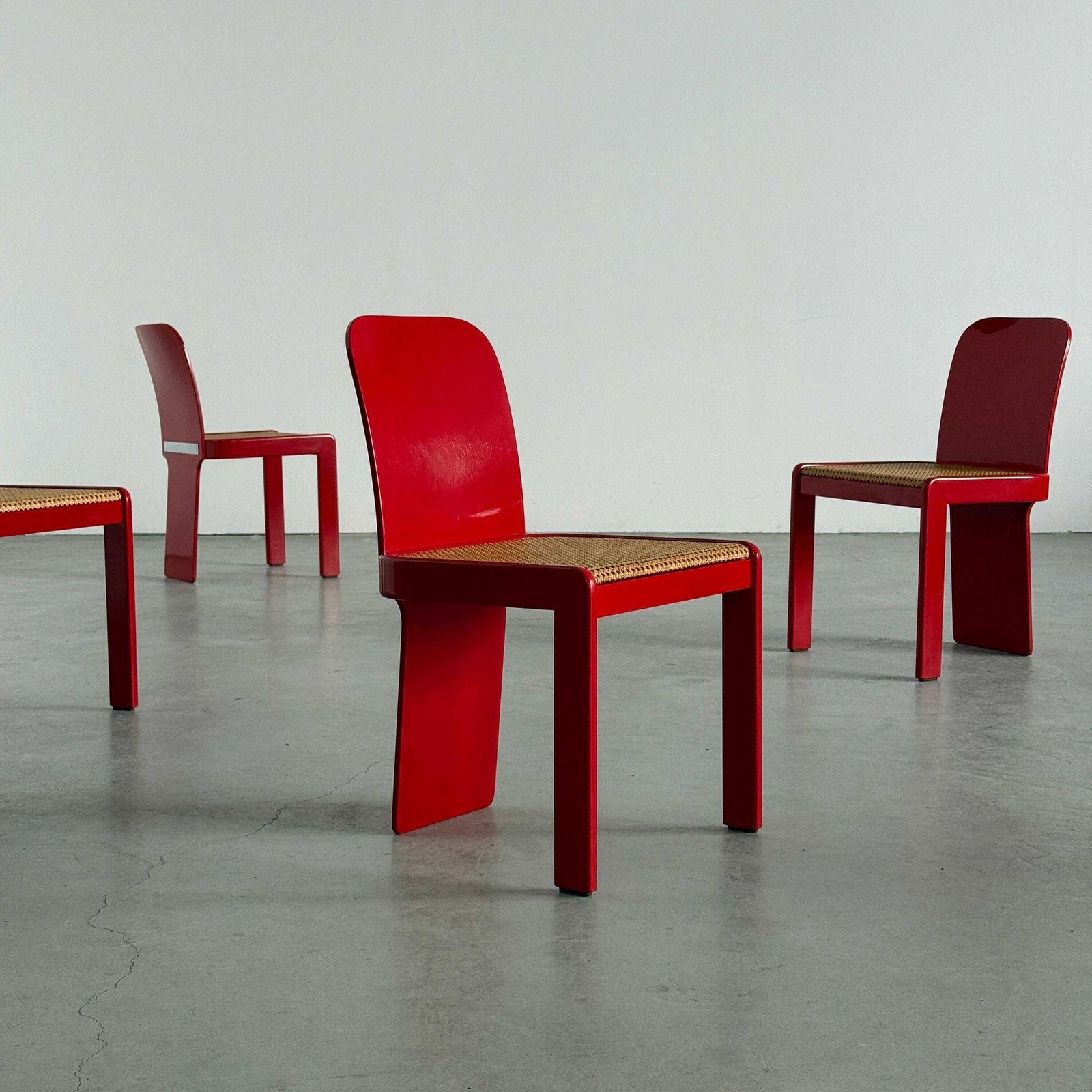 Set Of 4 Elegant Italian Mid Century Chairs By Pierluigi Molinari For Pozzi Milano, Red Lacquered Wood And Cane, 1970s photo furniture
