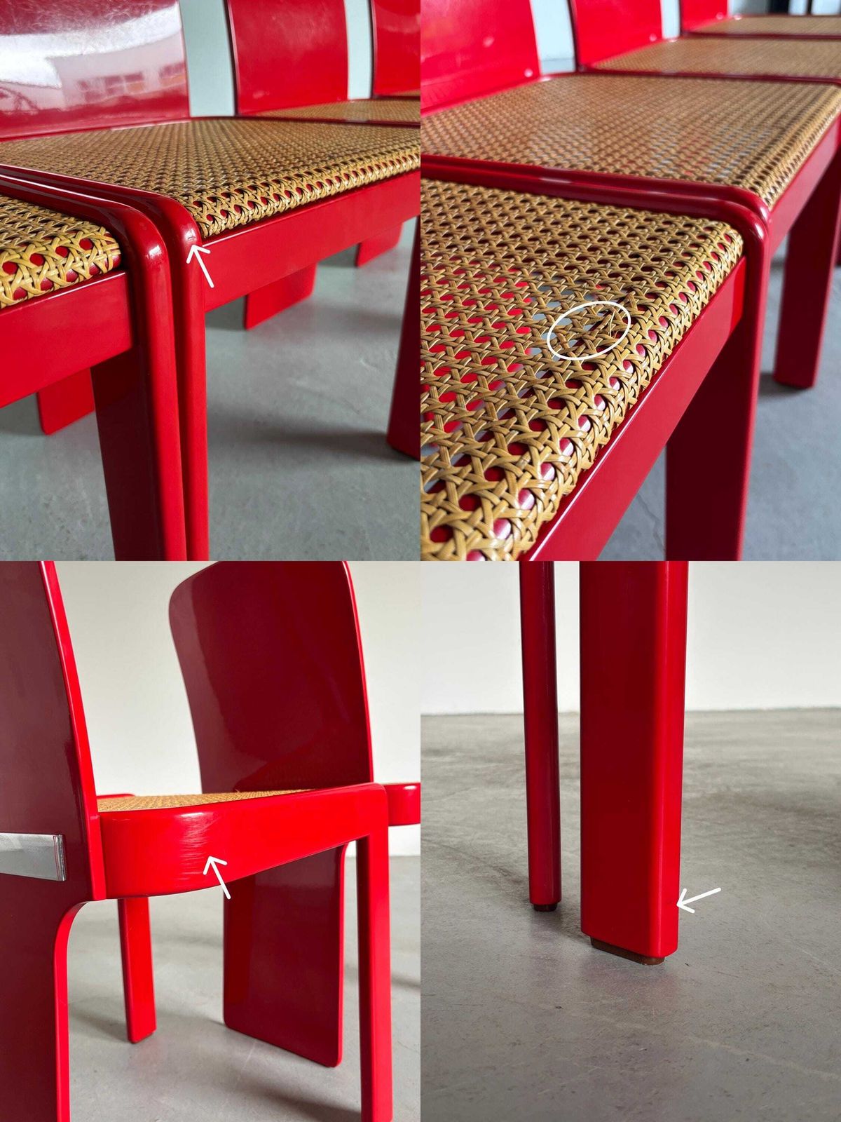 2262.0 Set Of 4 Elegant Italian Mid Century Chairs By Pierluigi Molinari For Pozzi Milano, Red Lacquered Wood And Cane, 1970s photo