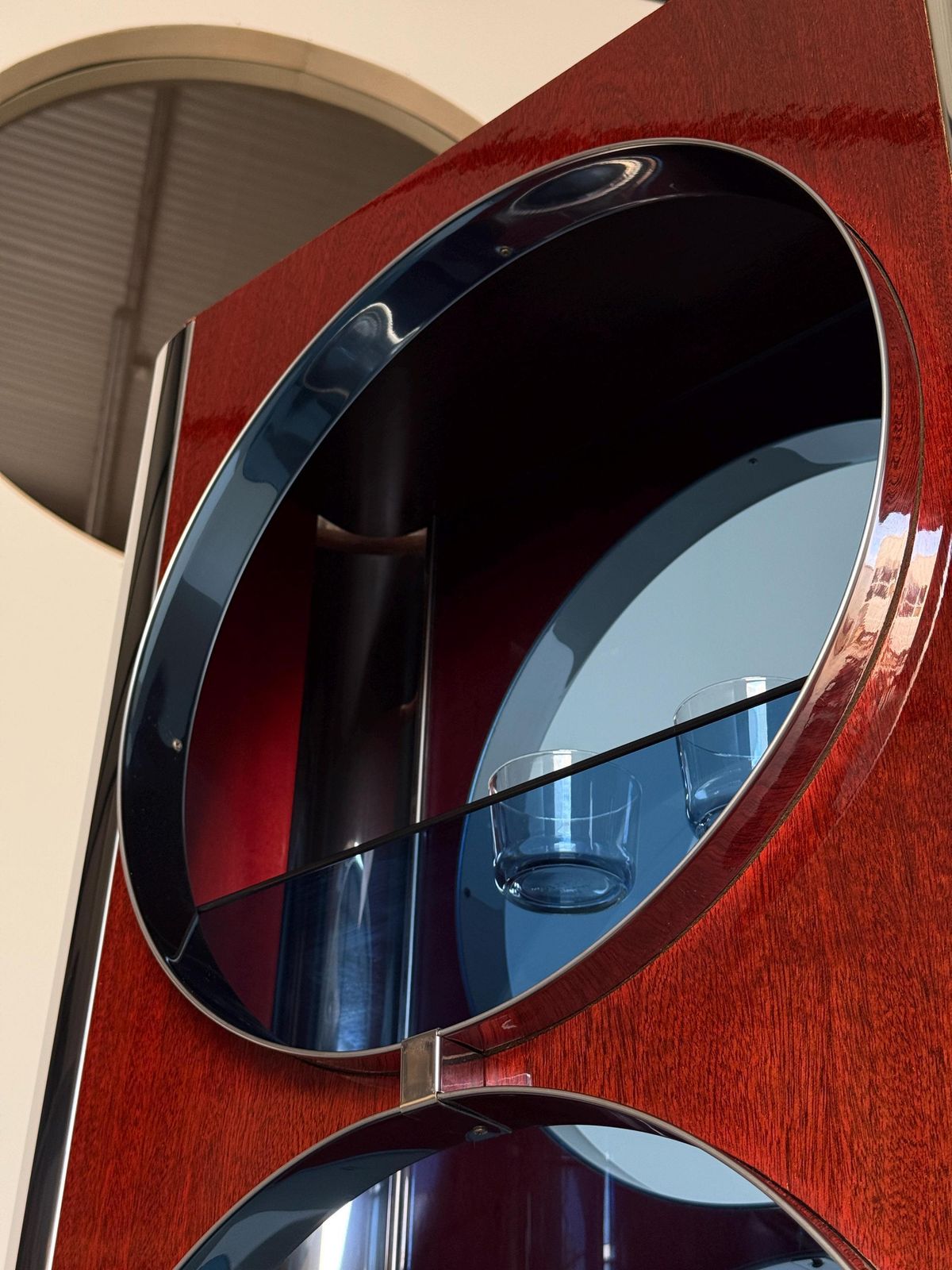 5607.0 Italian Mid Century Showcase Bar Attributed To Willy Rizzo In Chrome, Blue Smoked Glass And Mahogany Veneer, 1980s photo