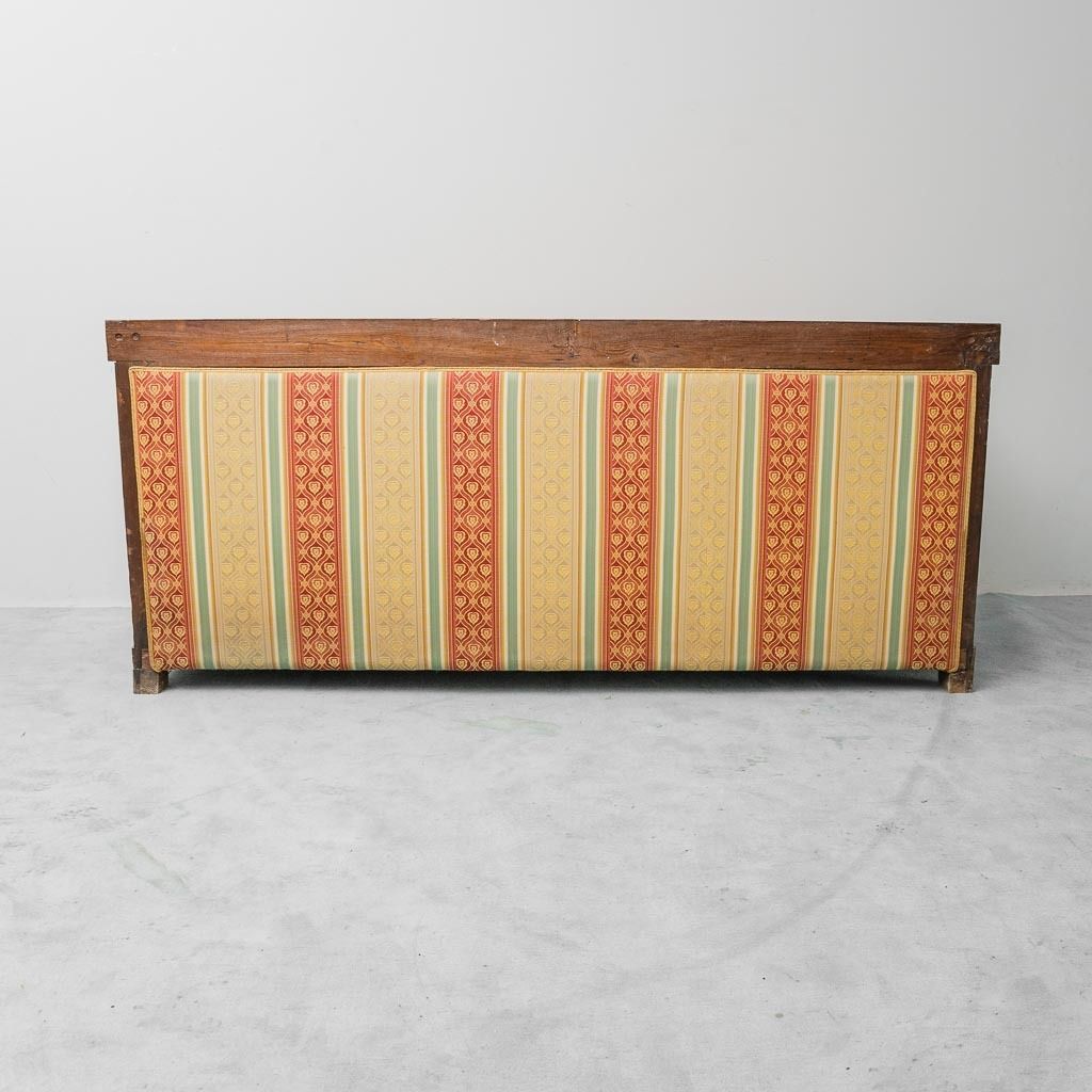 photo for sale 3 Seater Vintage Wooden Sofa With Striped Fabric From The 1950s, Classic And Elegant