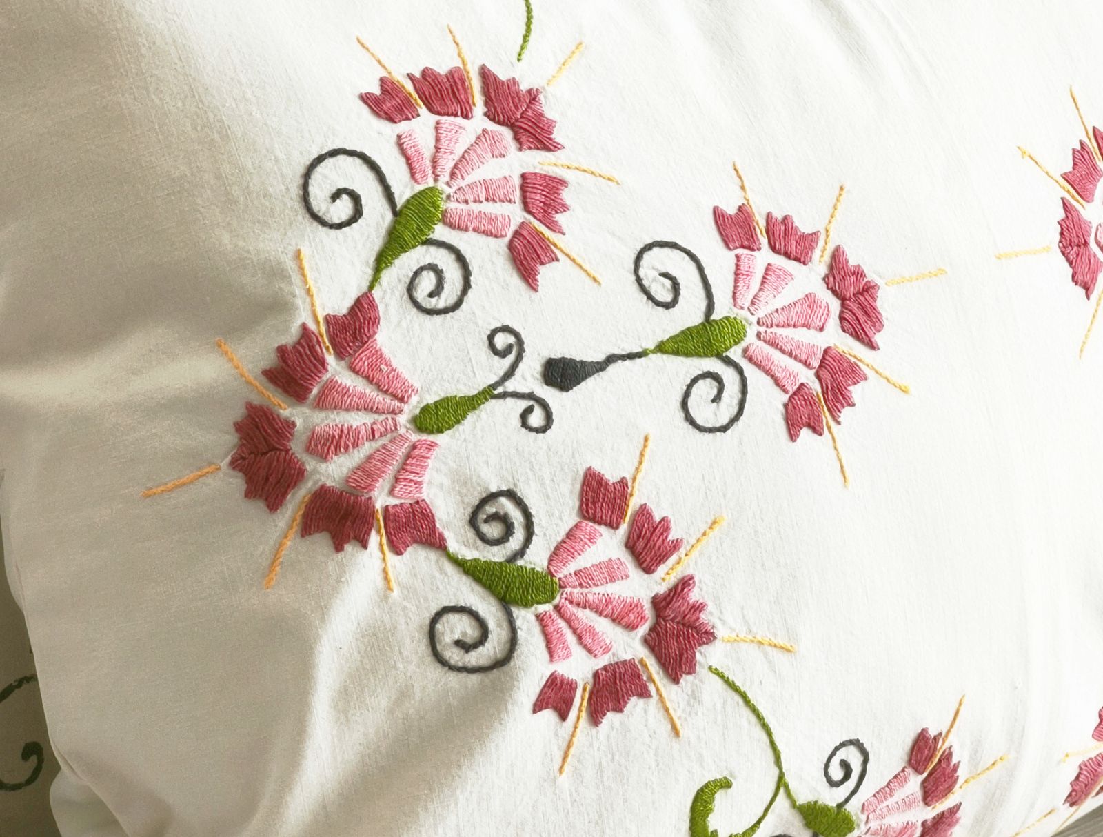 Linen Cushion Embroidered Red Flowers photo 50.0