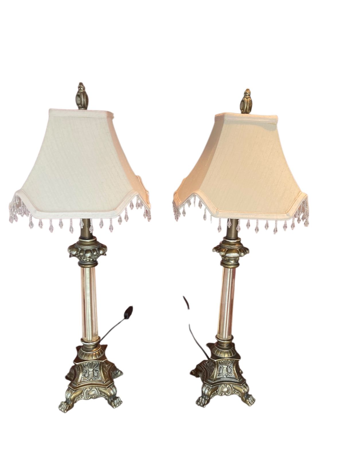 photo furniture Pair Of Regency Style Table Lamps Neoclassical Bases Paw Feet Cream Fabric Shades With Beaded Fringe
