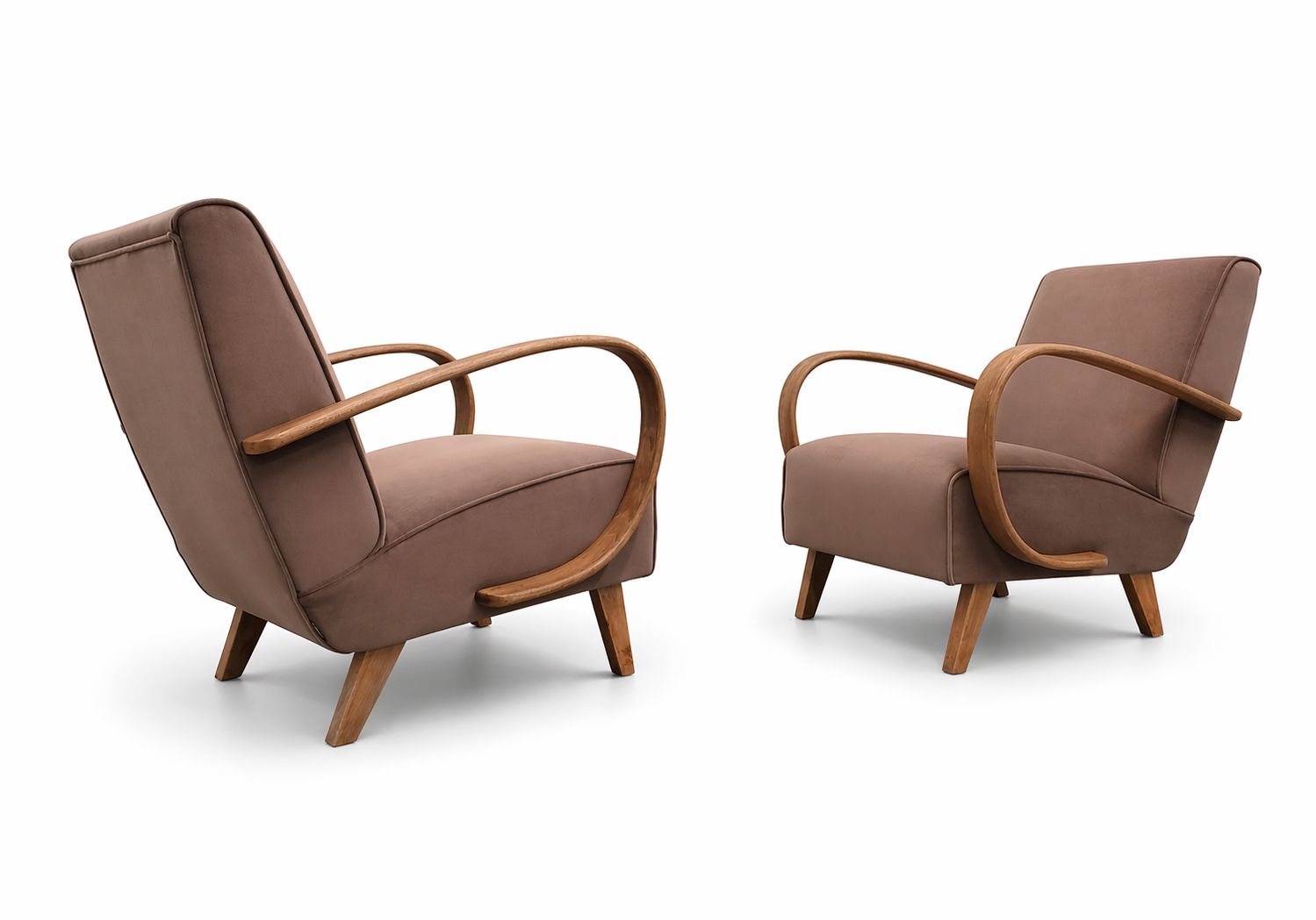 1930s Jindrich Halabala Bentwood Armchairs – Dark Beige Velvet