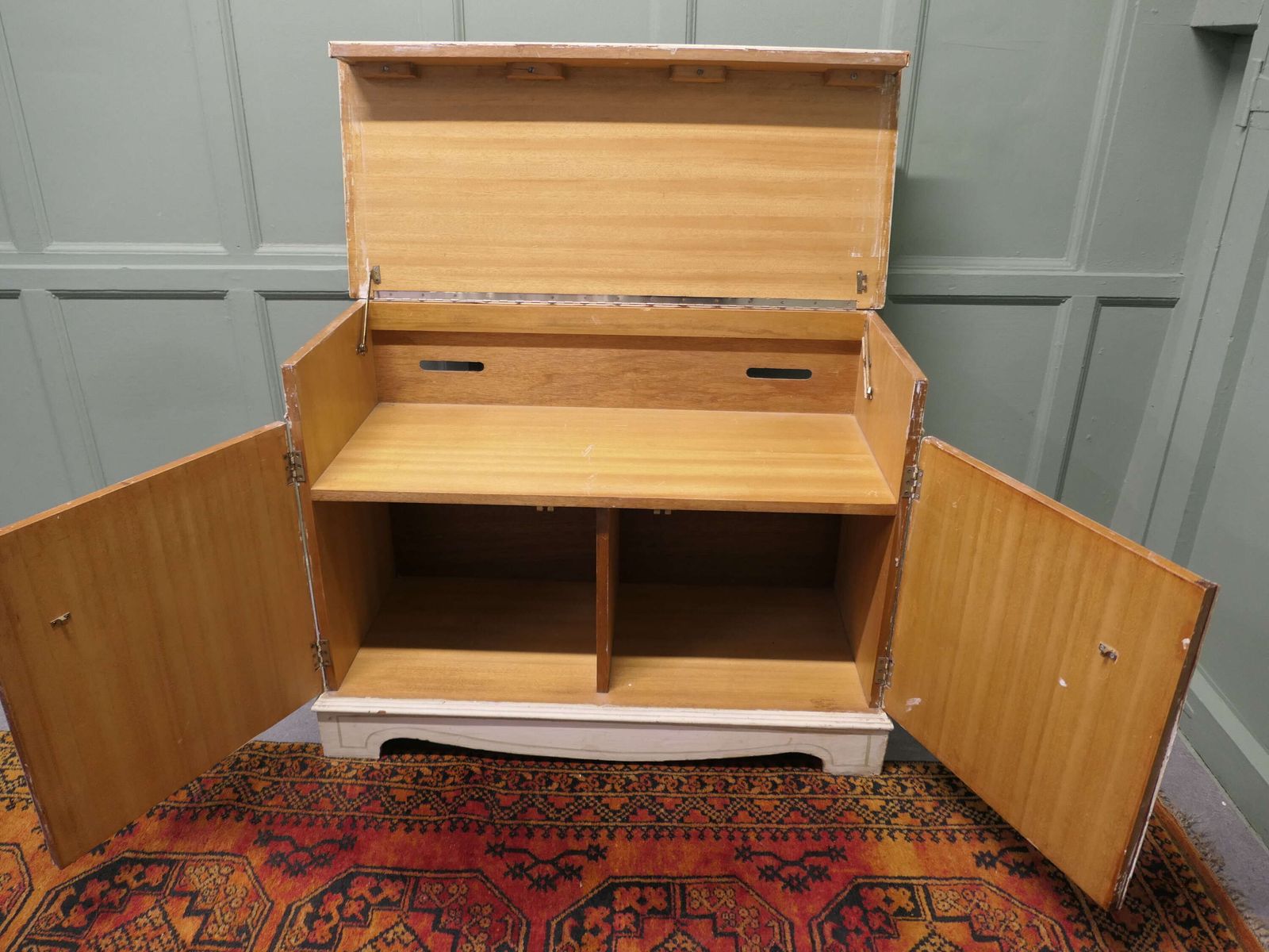 Mid Century Hand Painted Hi Fi Cabinet The Top Of This Piece Has A Hinged Top photo vinterior