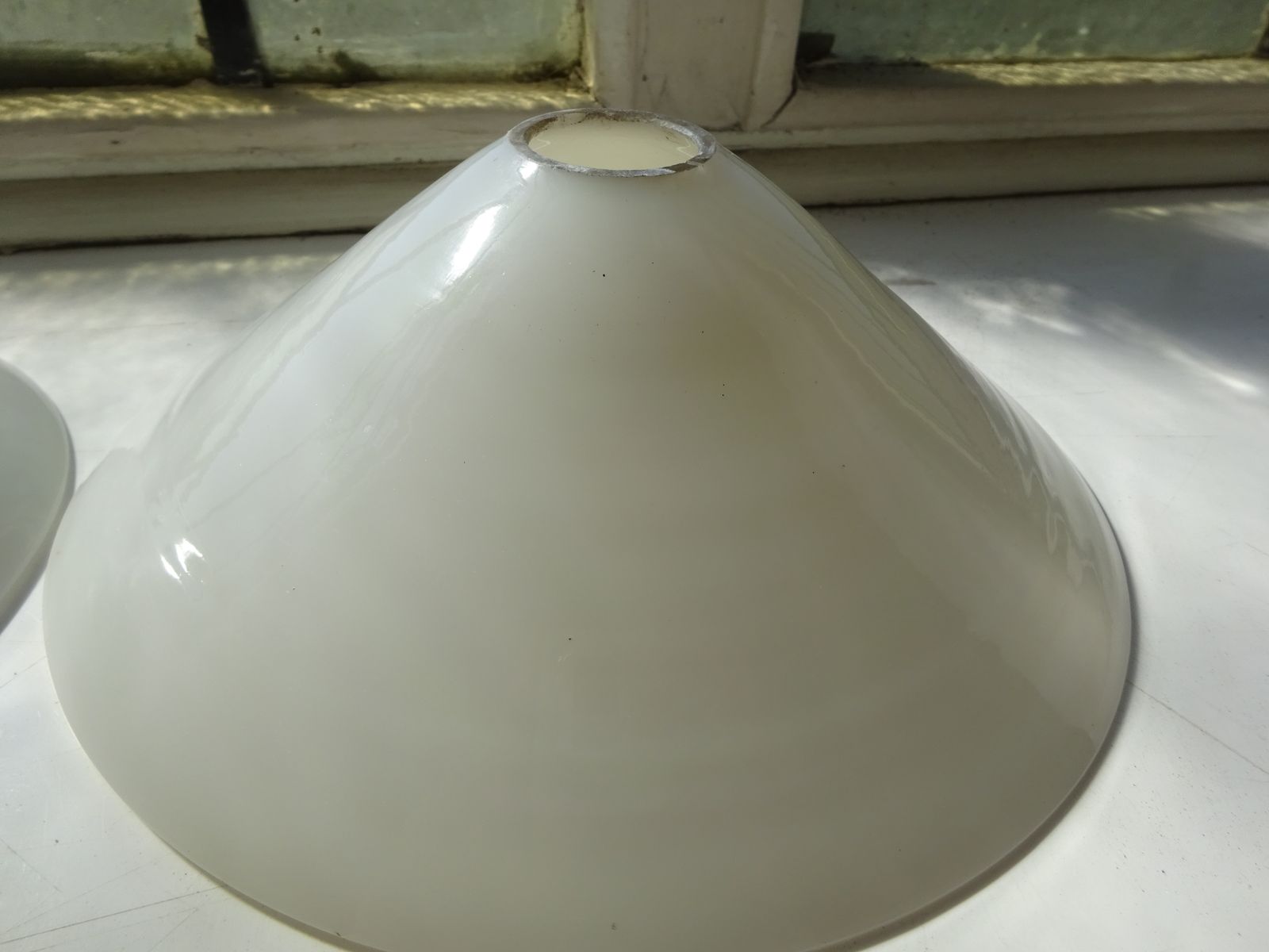 photo vintage Reclaimed Pair Of Opal Glass Coolie Shades, Industrial 8"