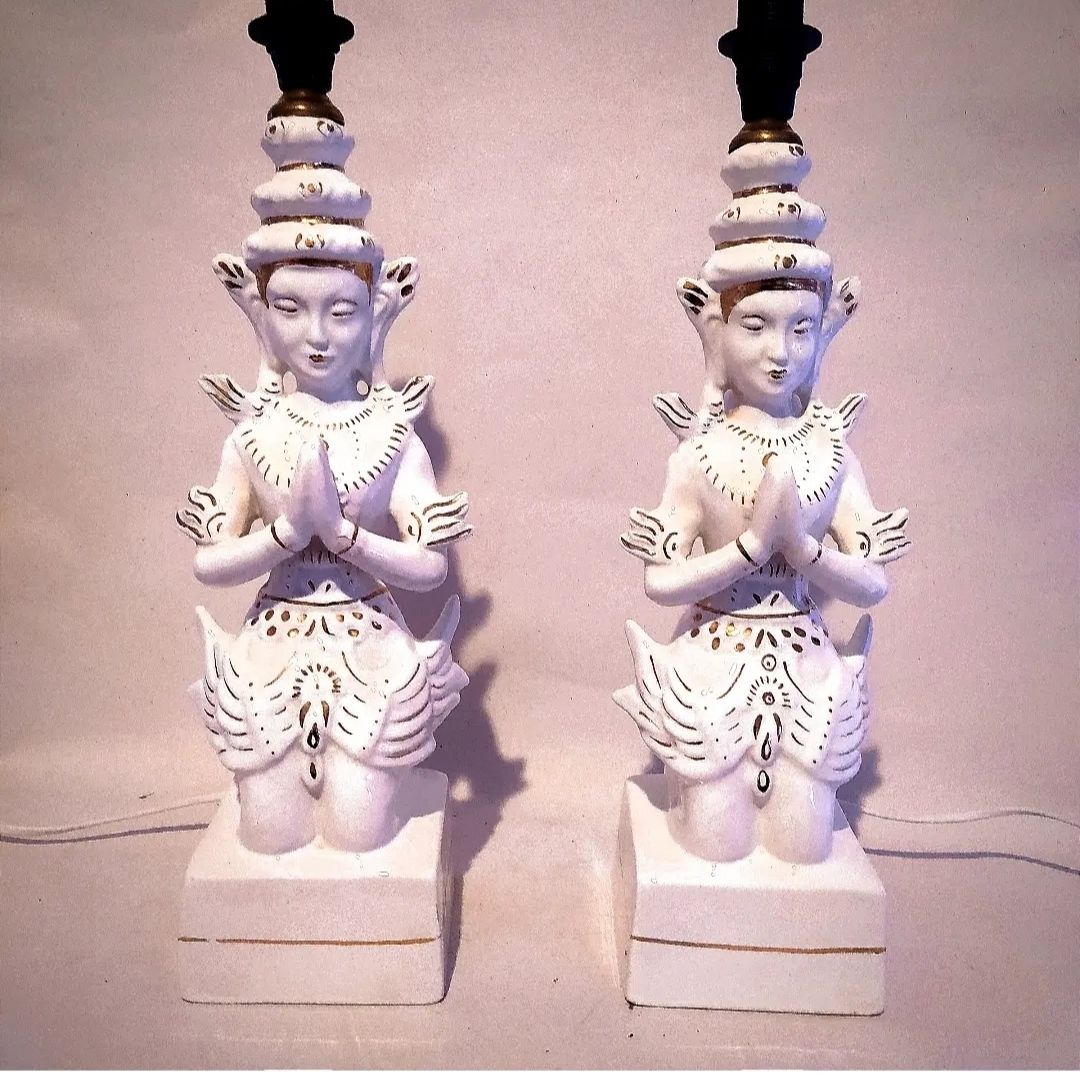 photo furniture Pair Of Vintage Thai Temple Goddess Porcelain Table/Bedside Lamps.