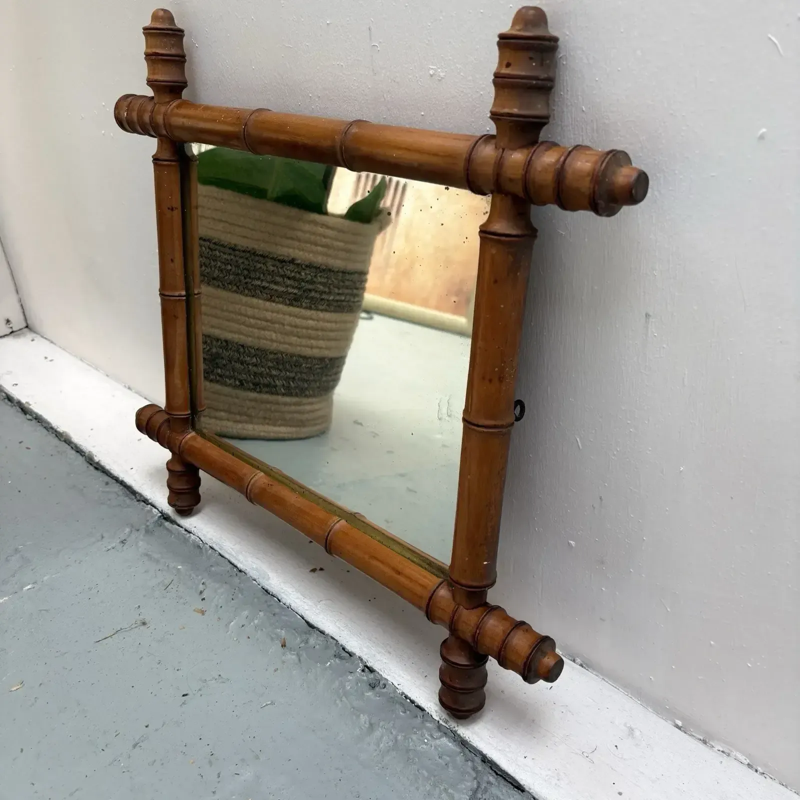 Pine 1920s French Faux Bamboo Small Mirror Reeded Accents 57 X 52 Cm