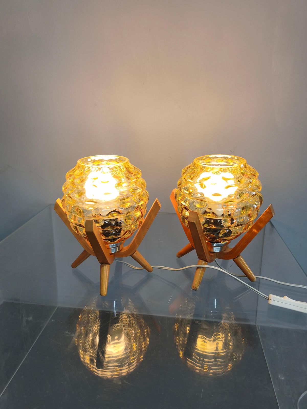 Pair Czech 1970s Wood And Yellow Glass Mid Century Table Lamps photo 592.0