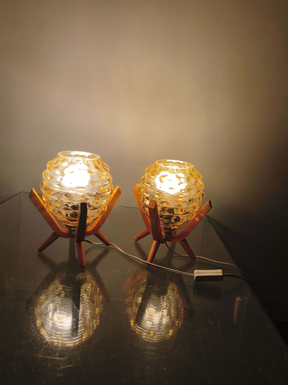 photo furniture Pair Czech 1970s Wood And Yellow Glass Mid Century Table Lamps