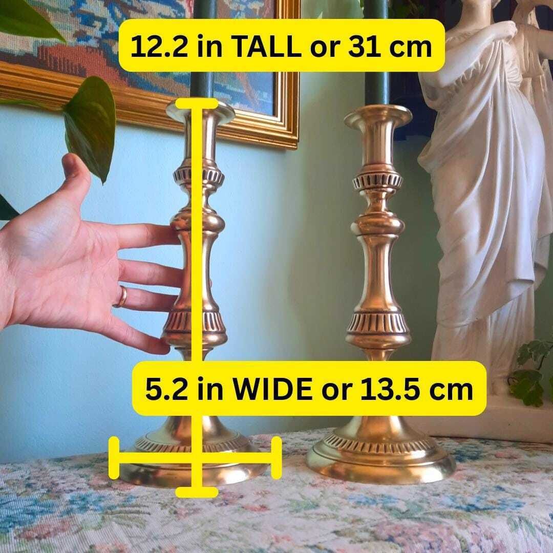 Tall And Chunky Antique Victorian Brass Candle Holders Pair 1800s H 12.2'' photo furniture