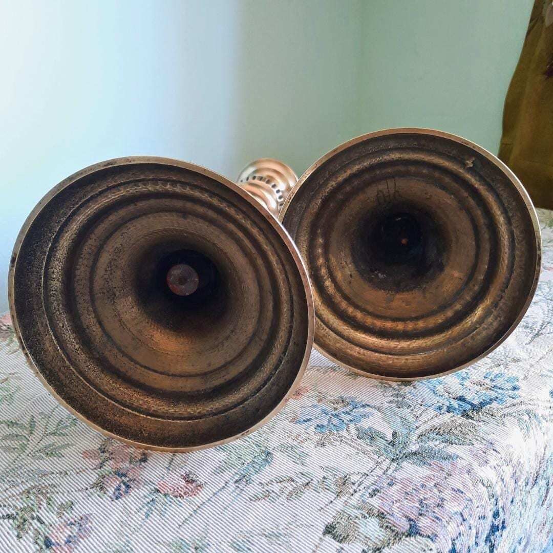 photo furniture Tall And Chunky Antique Victorian Brass Candle Holders Pair 1800s H 12.2''