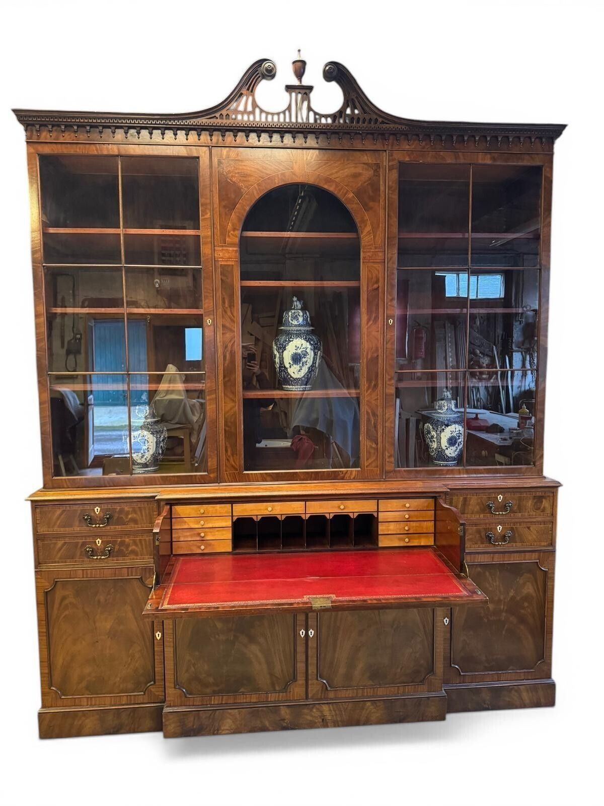 photo furniture Monumental Pair Of Walnut Inlaid Secretaire Bookcases Circa 1950