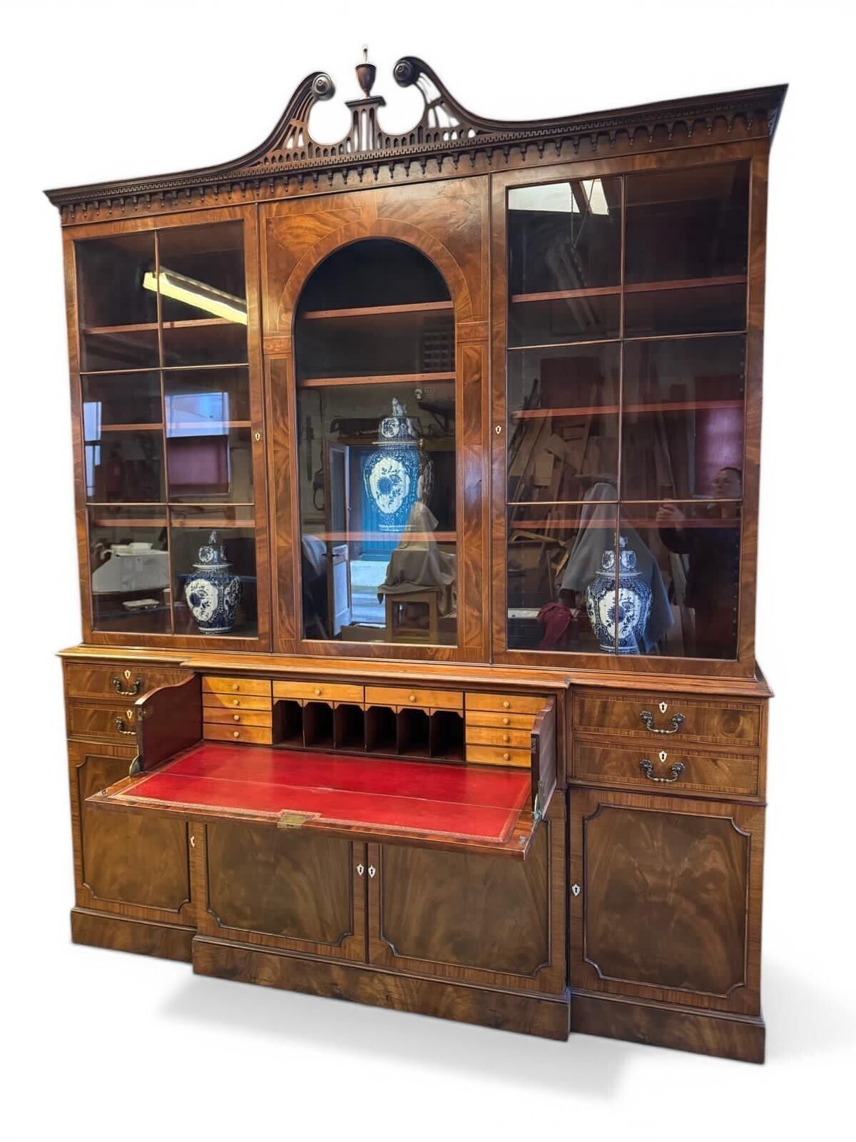photo for sale Monumental Pair Of Walnut Inlaid Secretaire Bookcases Circa 1950