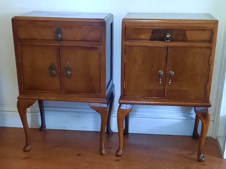 Matched  Pair Antique Burr Walnut Regency Style Bedside Tables 1930s Queen Anne photo furniture