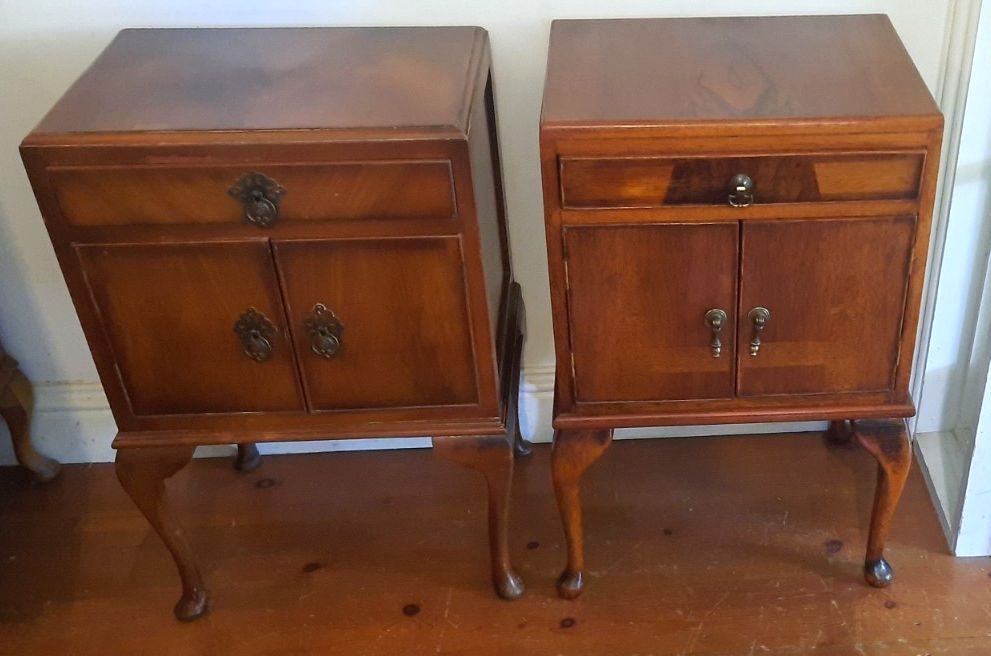 Matched  Pair Antique Burr Walnut Regency Style Bedside Tables 1930s Queen Anne photo for sale