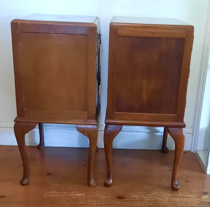 photo furniture Matched  Pair Antique Burr Walnut Regency Style Bedside Tables 1930s Queen Anne