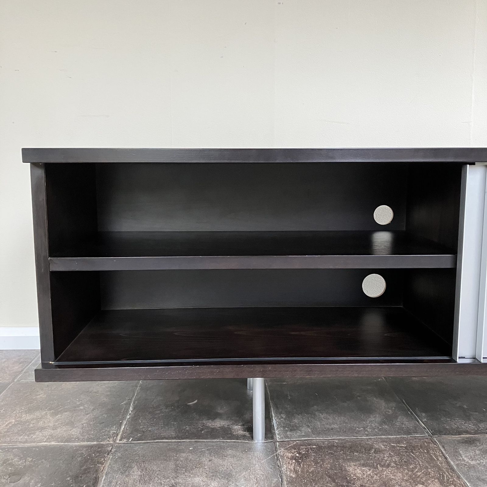 995.0 2000's Minimalist Credenza Sideboard From The Conran Shop, Sliding Metal Doors, Ebonised photo