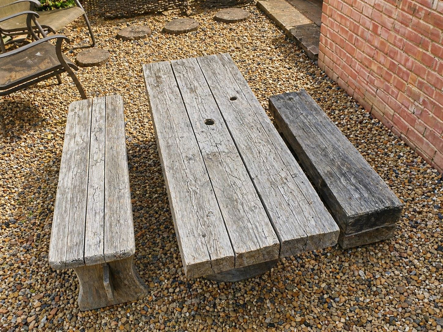 Vintage Railway Sleeper Bench – Solid Hardwood Top On Beer Barrel Bases photo for sale