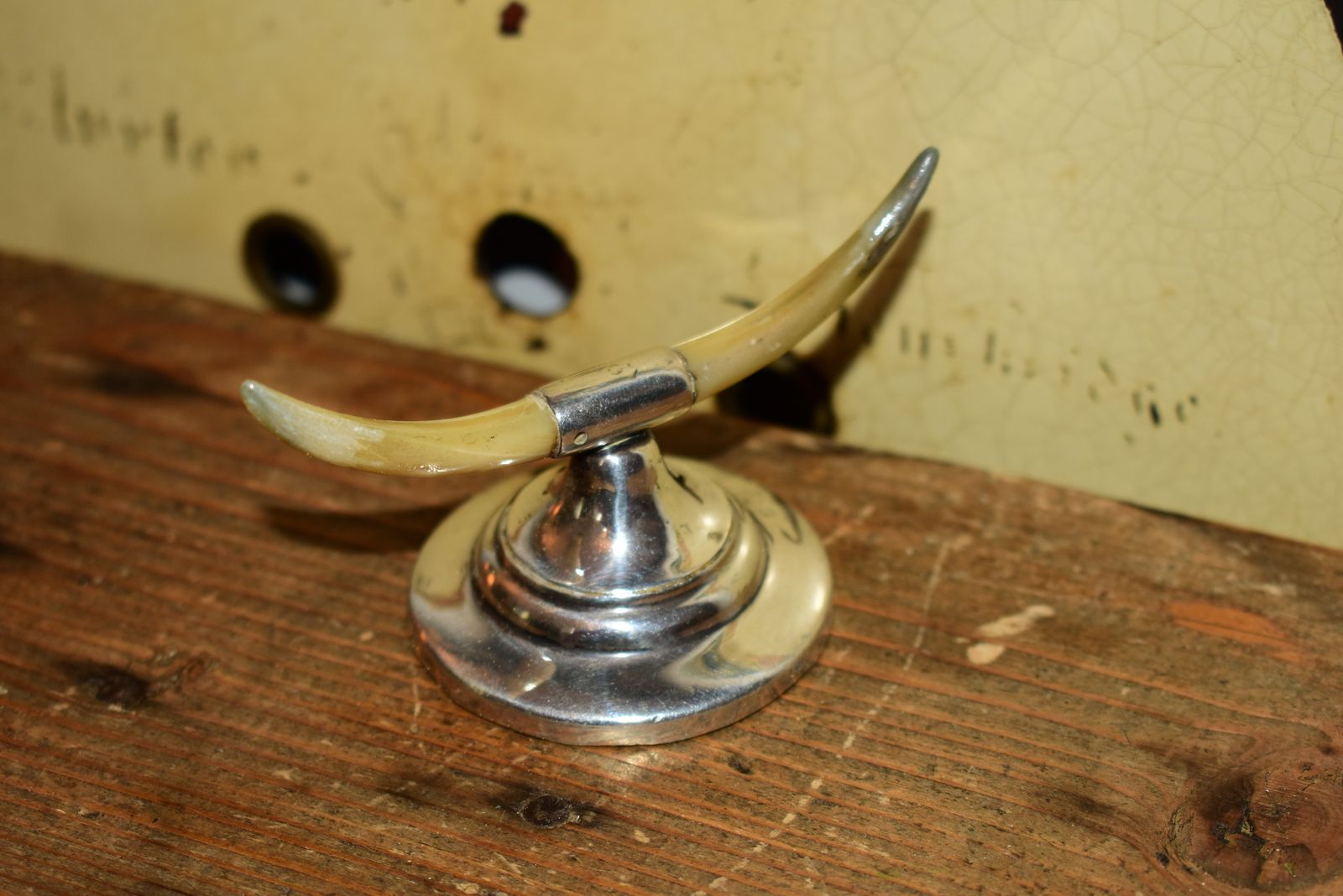 Rare Edwardian Sterling Silver Twin Horn Ring Stand Or Dining Knife Rest Chester 1909 Rubbed Hallmarks photo vinterior