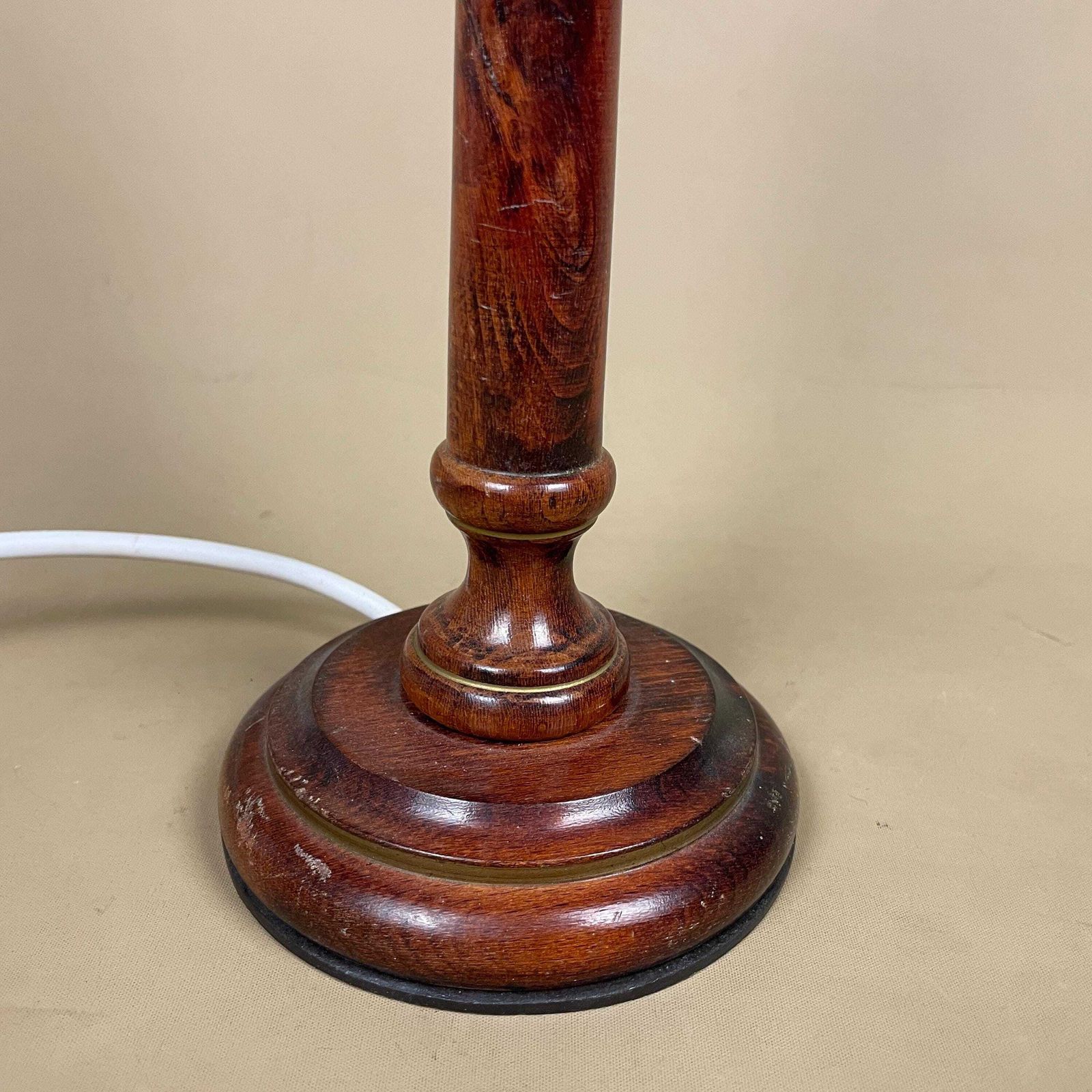 Wood Lamp Wooden Bedside Table Light Antique Brown Elegant Cottage Farmhouse Country Medium Column Round Base Gold Painted Details photo for sale